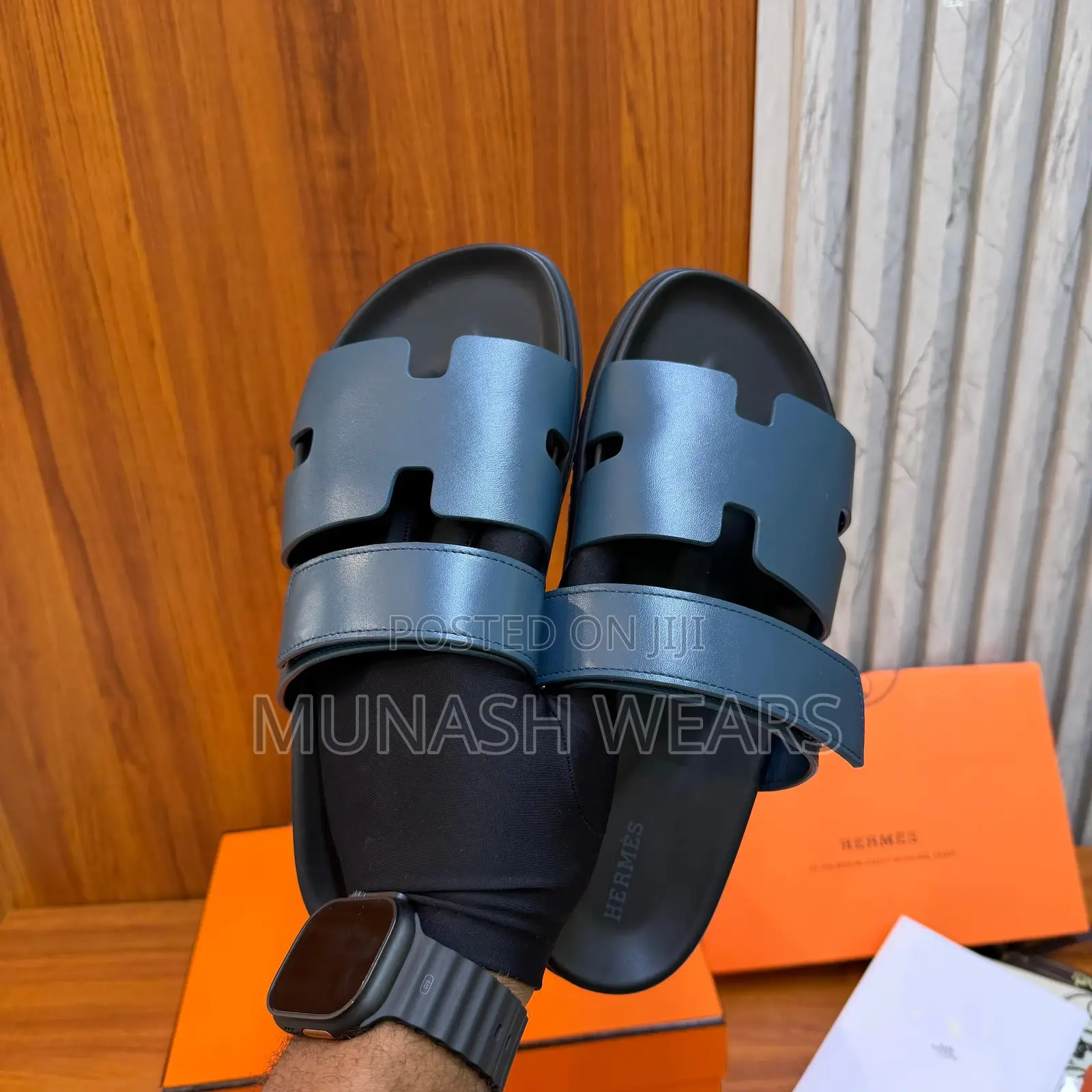 Luxury Hermes Leather Skin Slipers Available in Blue 40-47