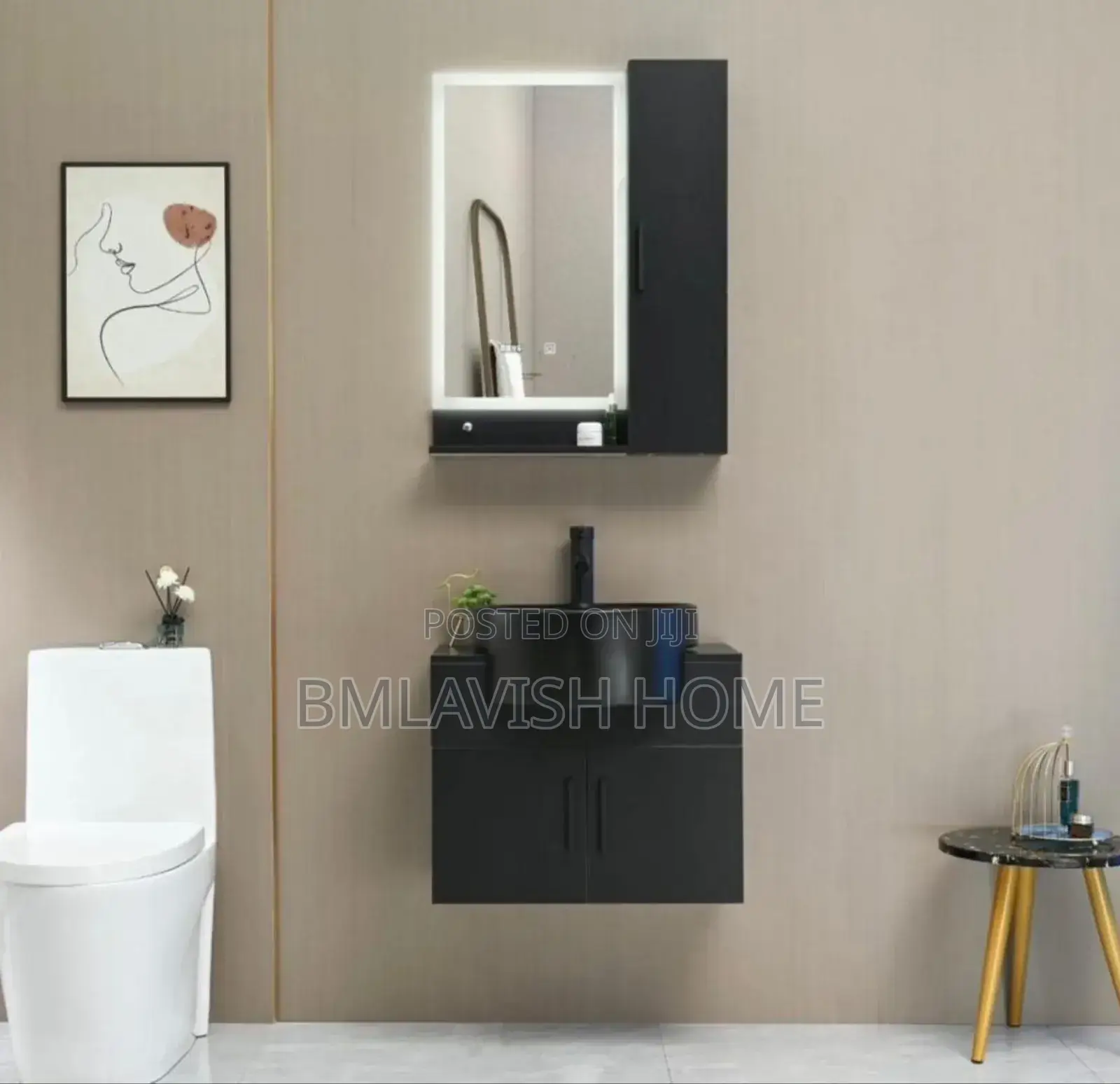 Black Suspended Dining Cabinet Basin With Mirror Lights