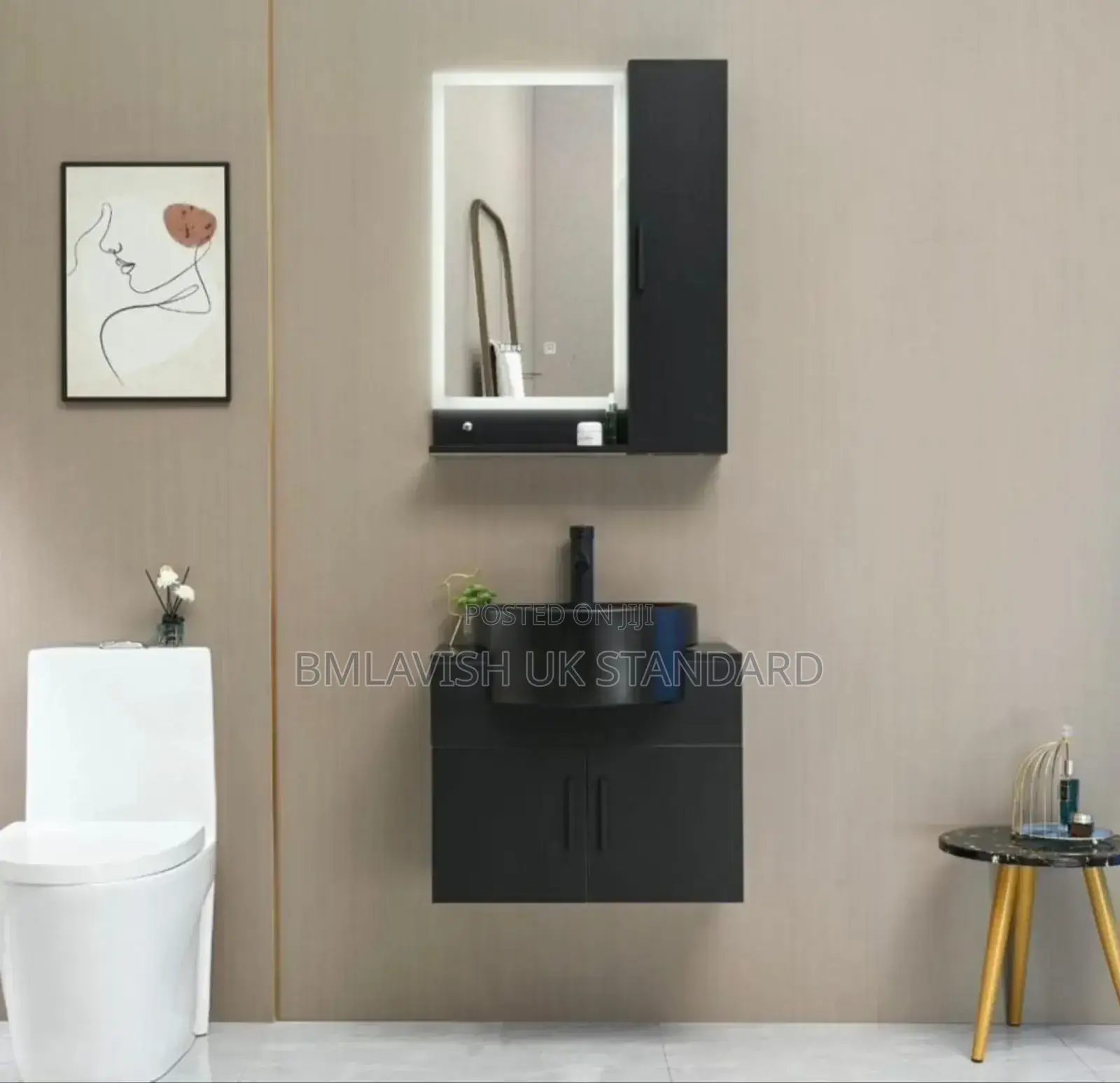 Black Suspended Dining Cabinet Basin With Mirror Lights