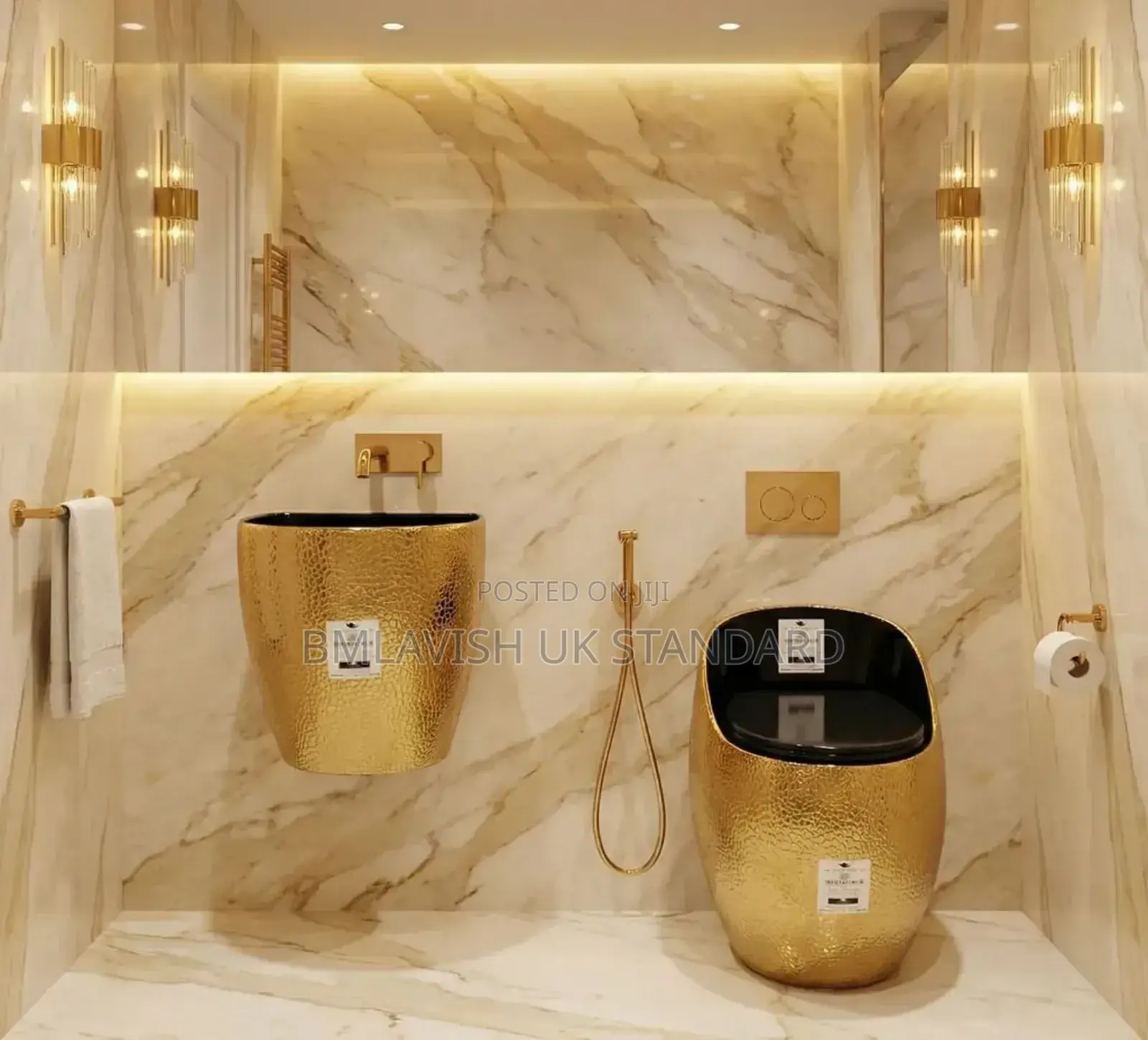 Luxury Gold and Black Executive Water Closet Set With Wash Hand Basin