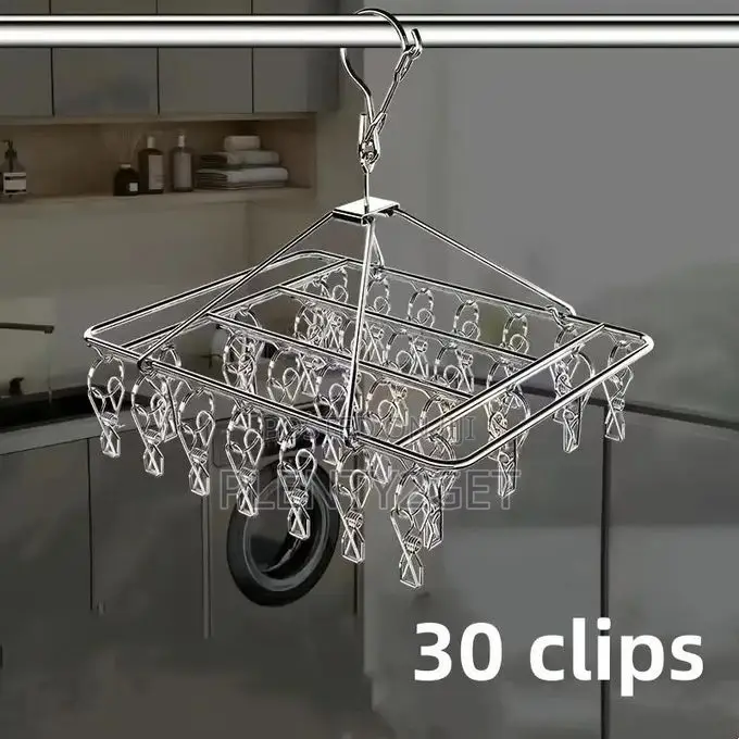 Stainless Steel Drying Rack With 30 Clips - A Windproof Hanging Organi