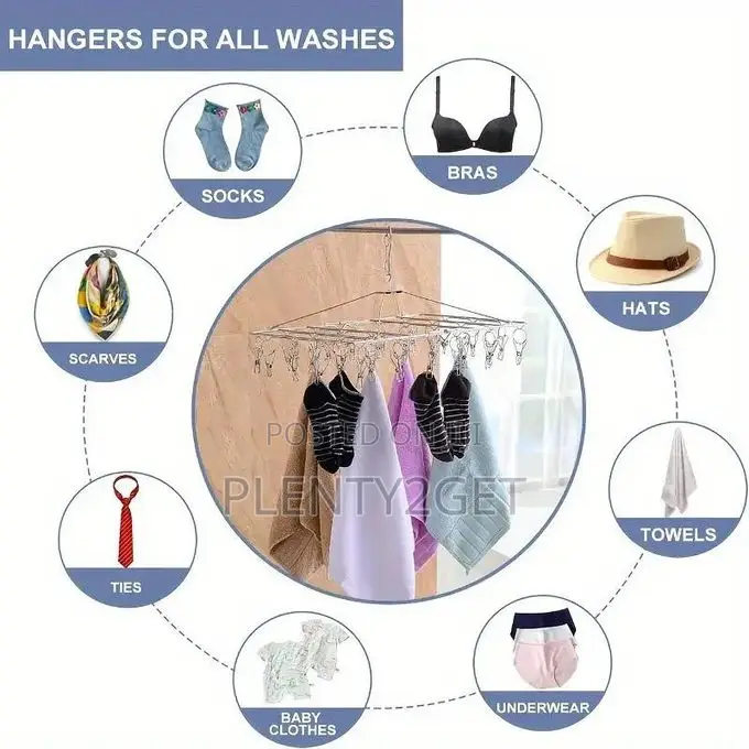 Stainless Steel Drying Rack With 30 Clips - A Windproof Hanging Organi