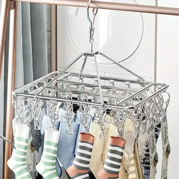 Stainless Steel Drying Rack With 30 Clips - A Windproof Hanging Organi