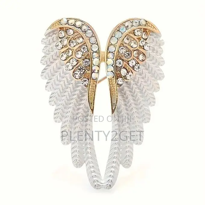 Elegant Angel Wing Brooch Pin With Rhinestones – Golden-Tone Metal, Wh