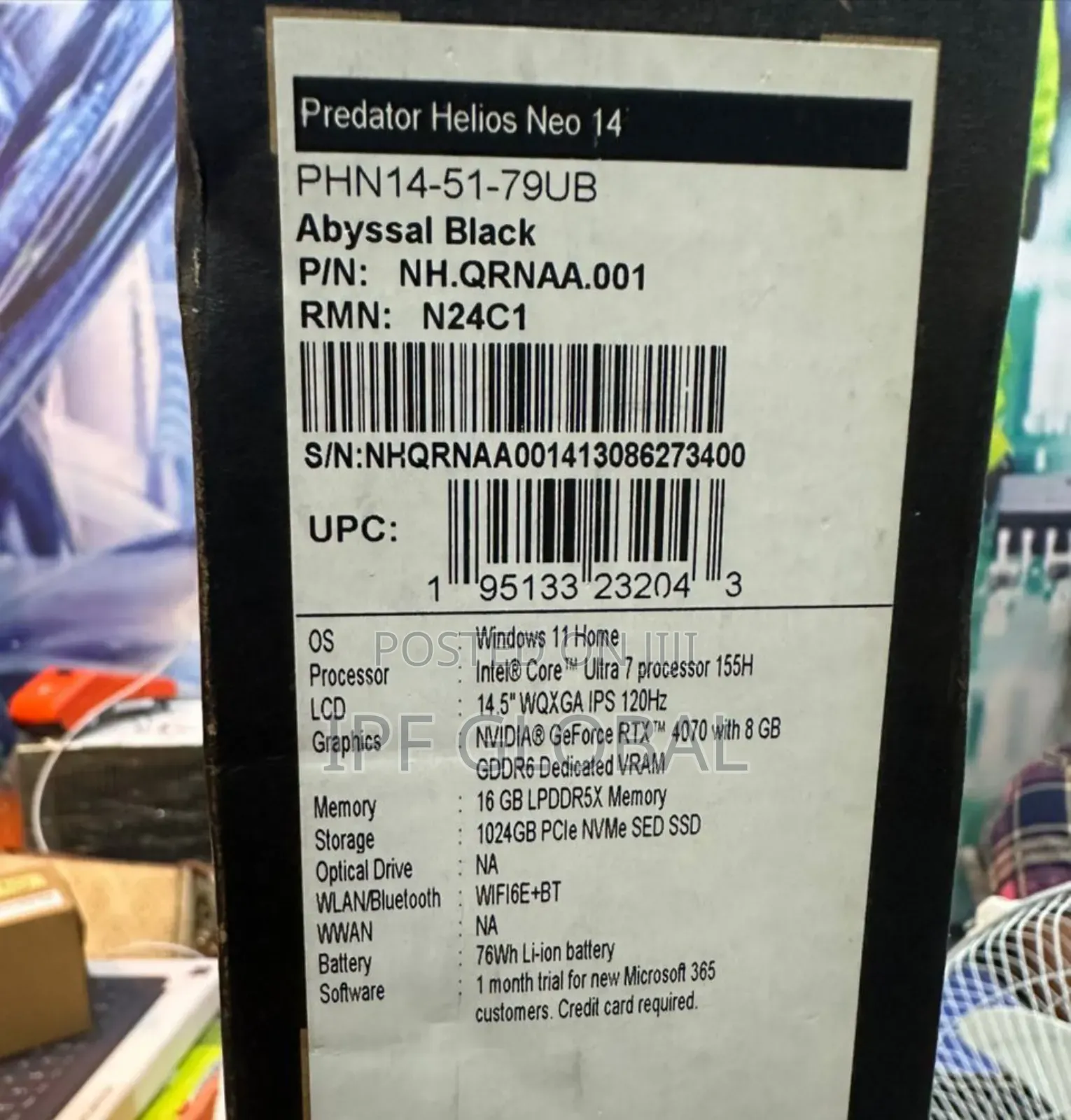 New Laptop Acer Predator Helios Neo 14 16GB Intel Core Ultra 7 SSD 1T