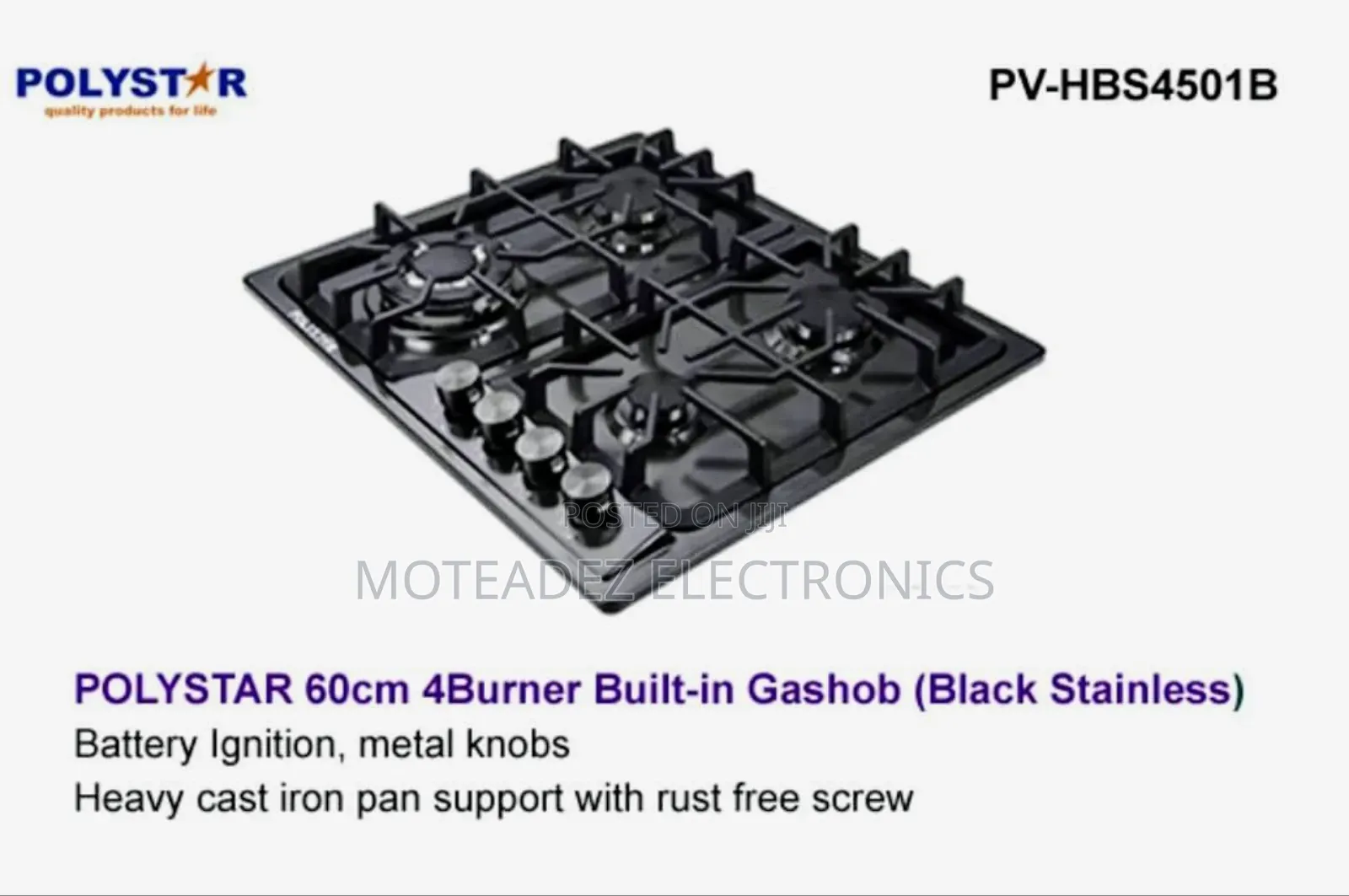 Polystar 4 Burner 60cm Black Stainless Built in Cabinet Gas Hob Cooker