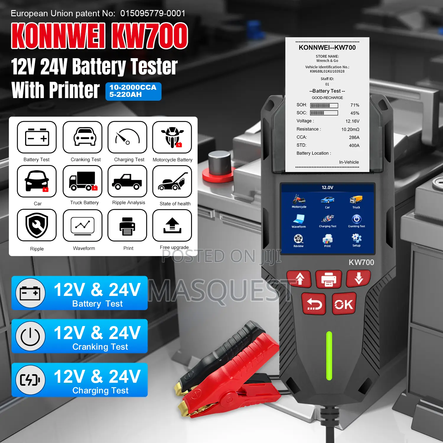 Konnwei Kw700 Professional 12v 24v Car Battery Tester With Printer