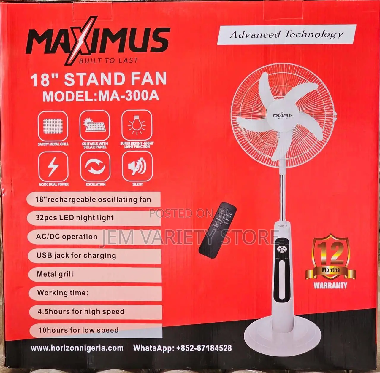 18 Inches Maximus Rechargeable Standing Fan With Remote Control