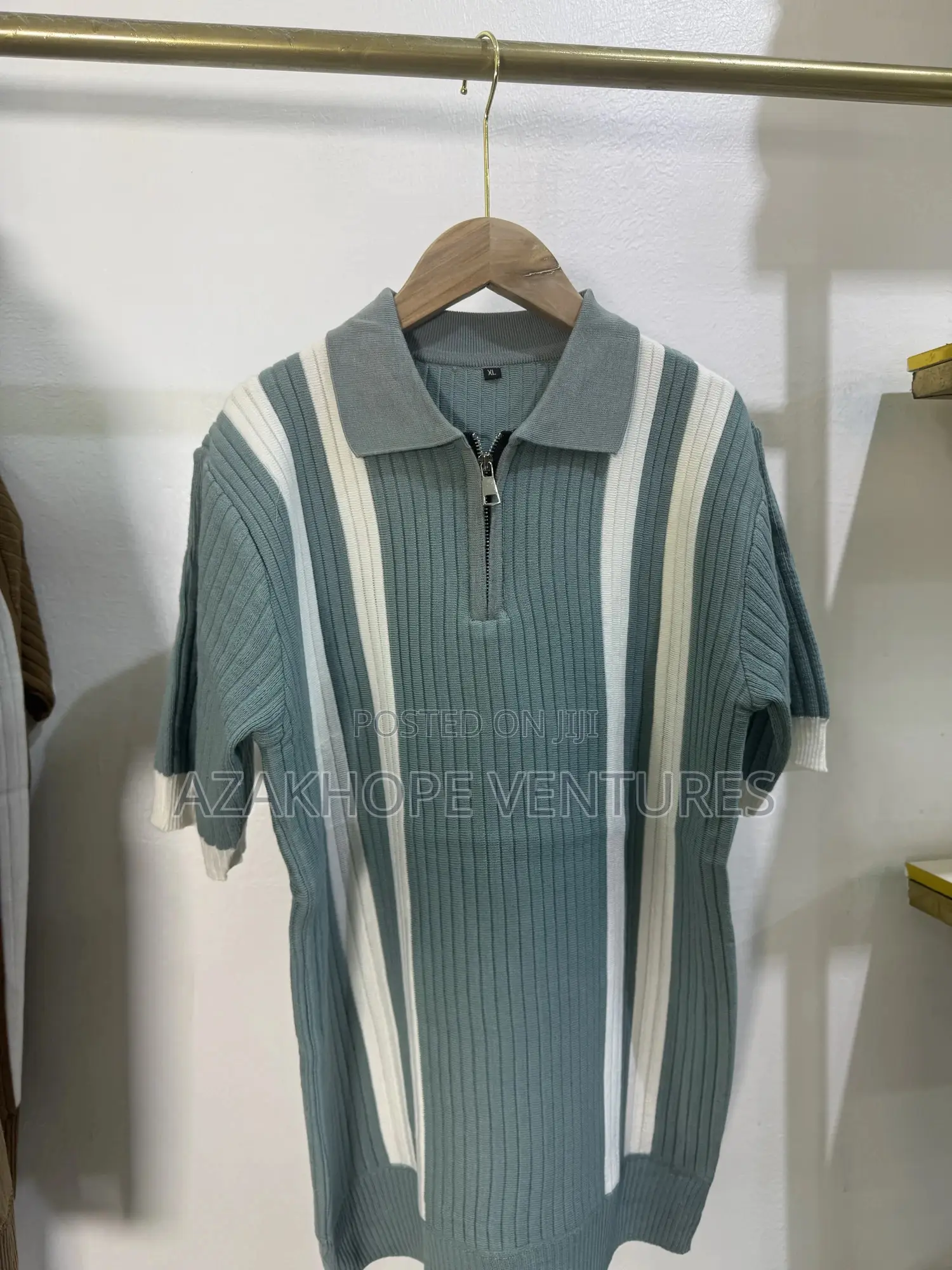Black White Vertical Striped Knit Polo Shirt (Quarter-Zip Collar)