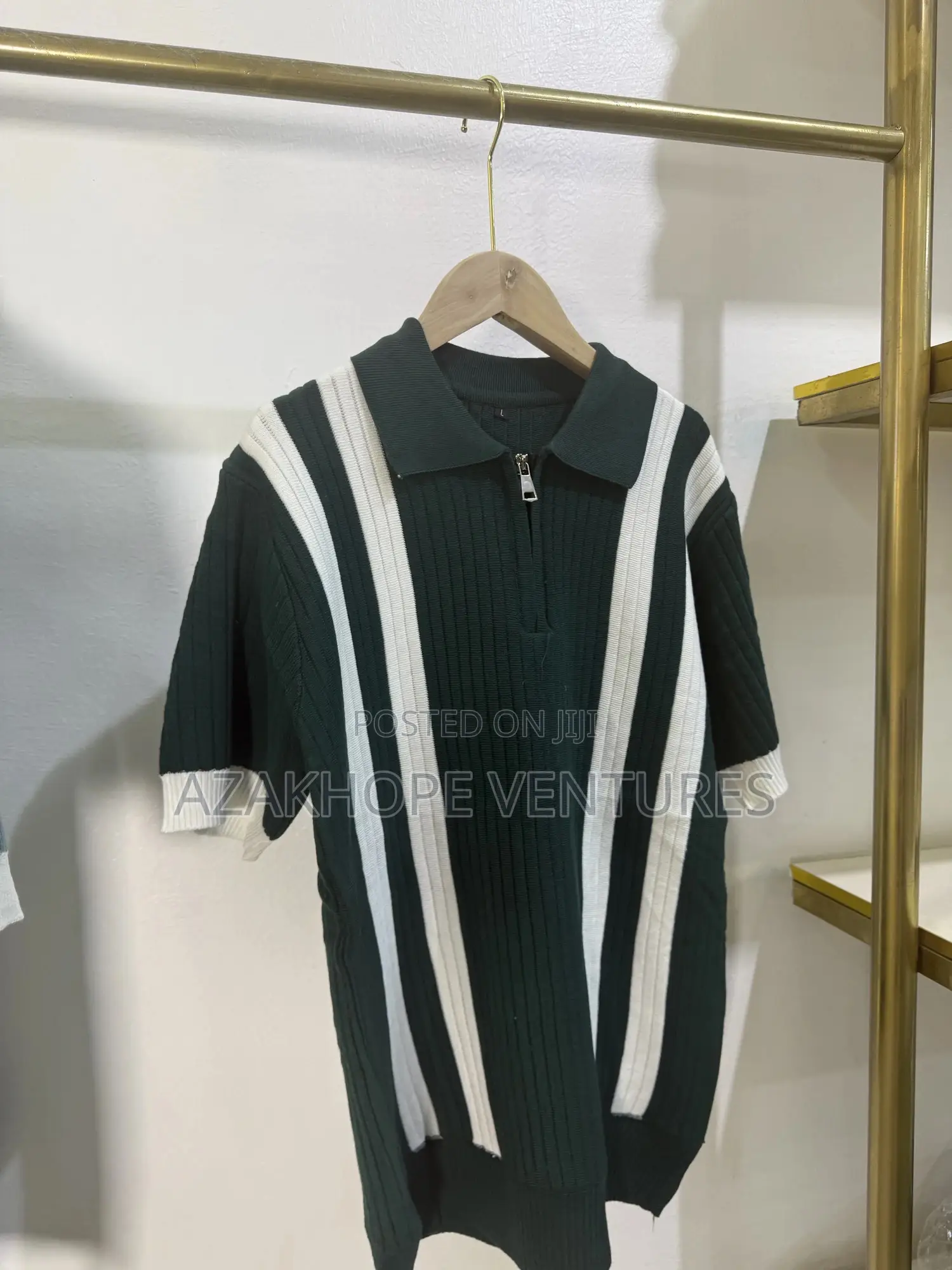 Black White Vertical Striped Knit Polo Shirt (Quarter-Zip Collar)