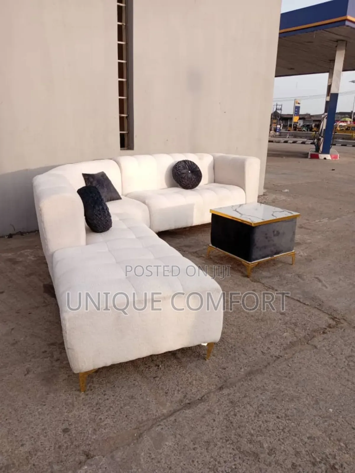 Bouclé Big L Shape Section Sofa With Pillows and Center Table