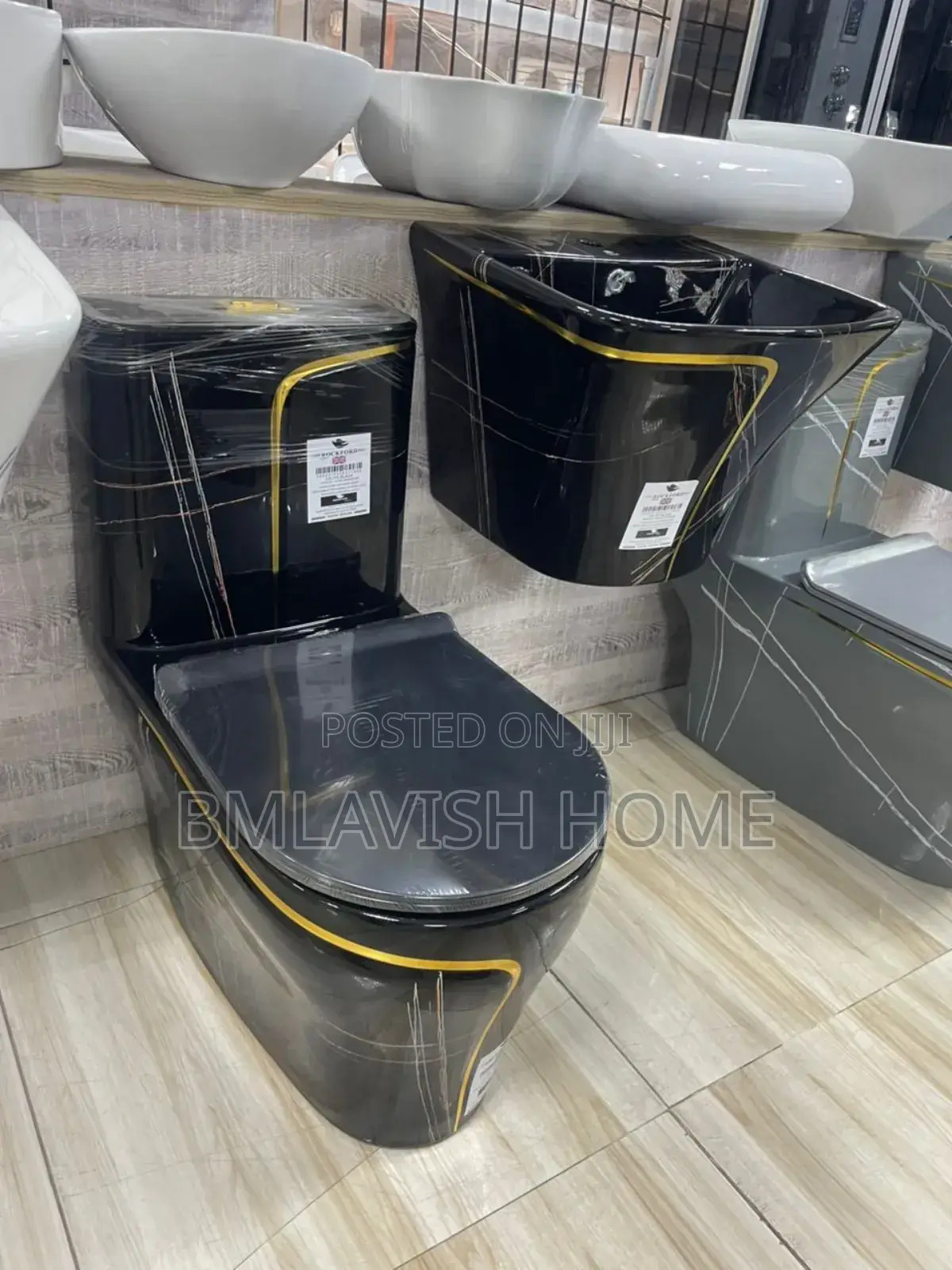Luxury Black and Gold Water Closet and Hanging Basin Set