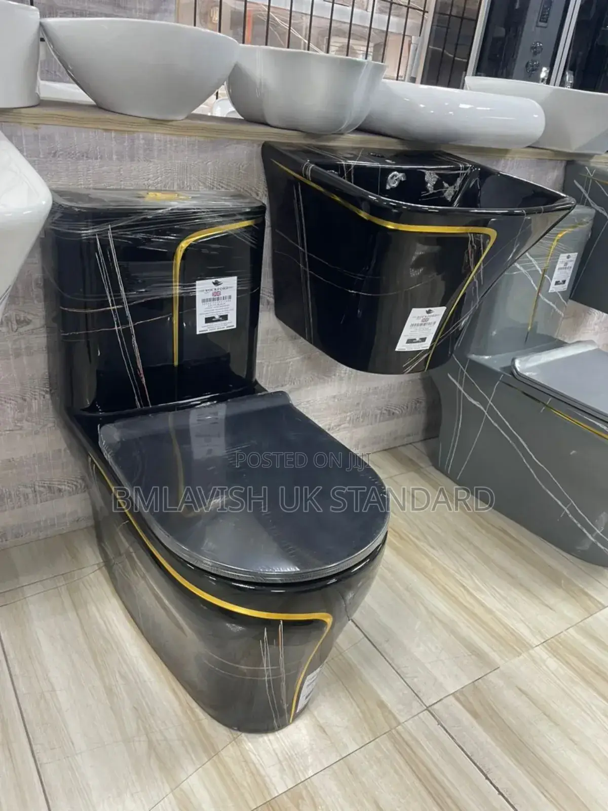 Luxury Black and Gold Water Closet and Hanging Basin Set