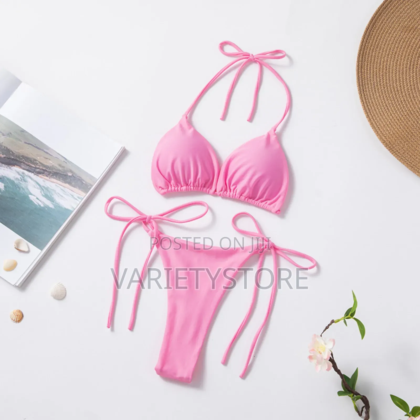 Sexy Women Thong Solid Color Bikini Set Side Halter Tie Swimsuit