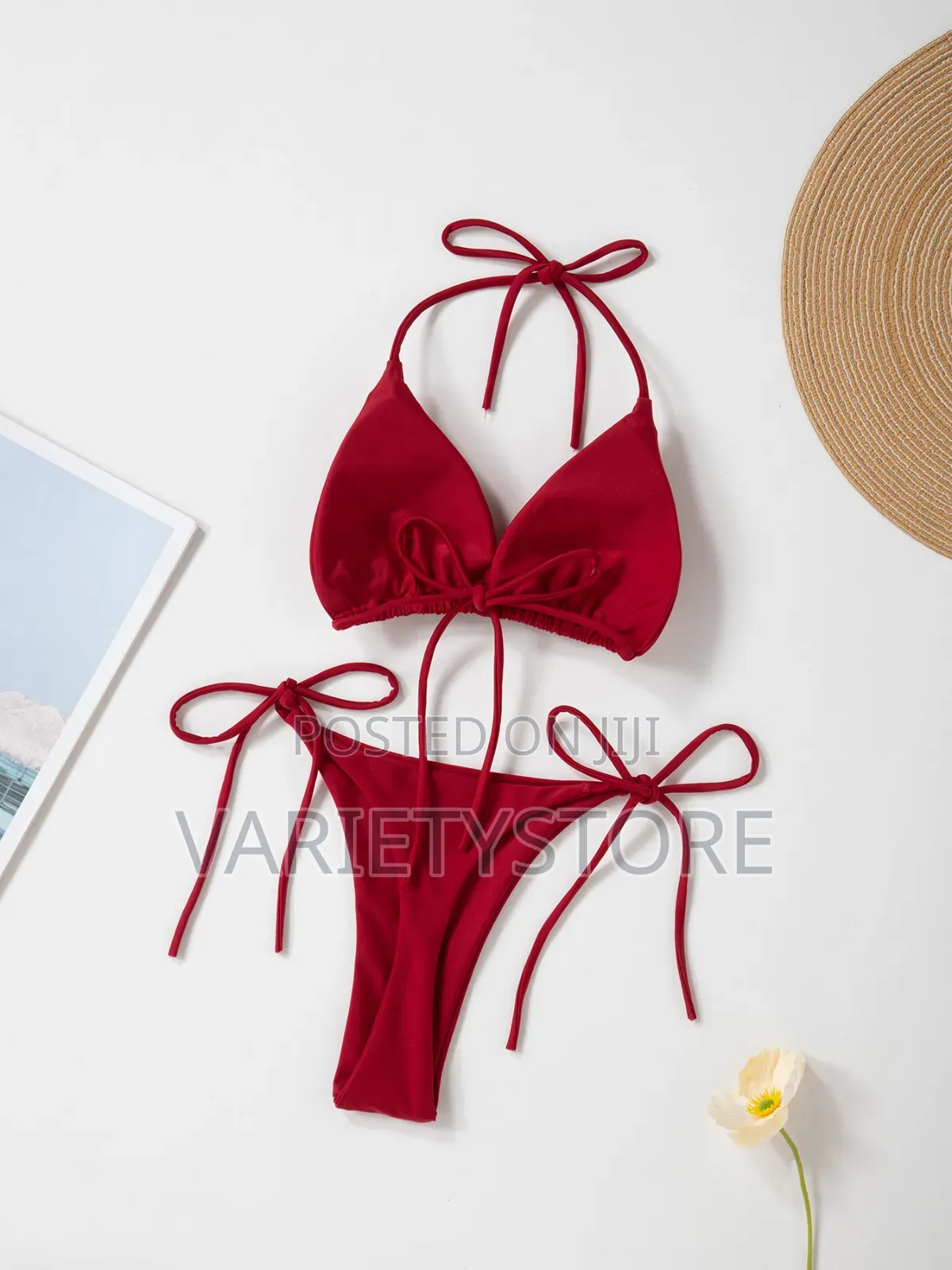Sexy Women Thong Solid Color Bikini Set Side Halter Tie Swimsuit