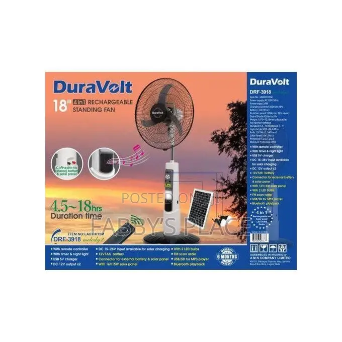Duravolt 18” 4-in-1 Rechargeable Fan – Big Battery, Long Lasting