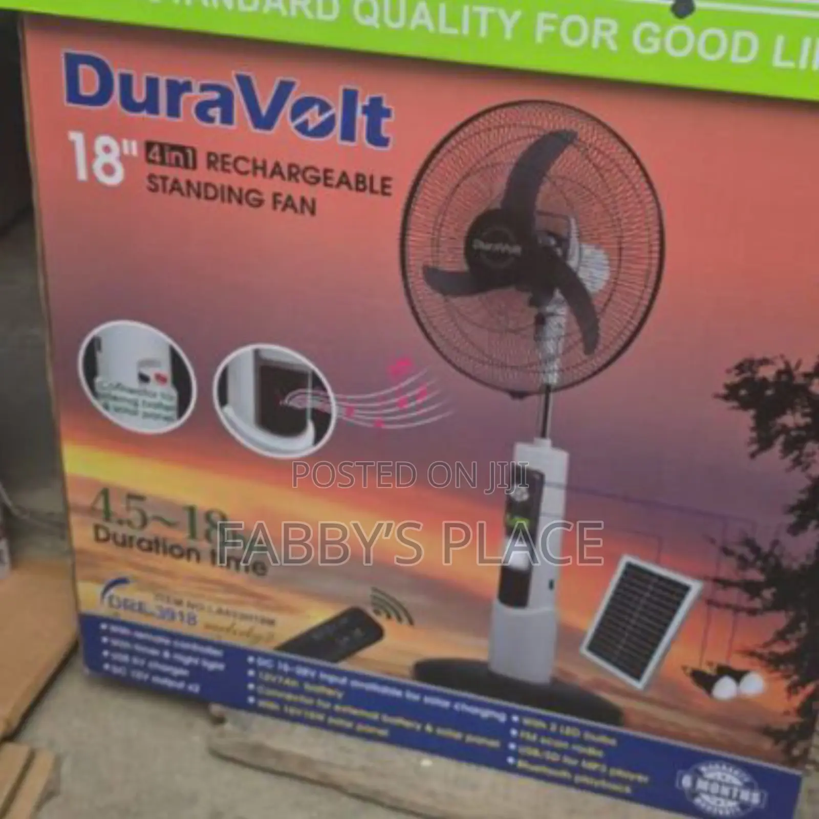 Duravolt 18” 4-in-1 Rechargeable Fan – Big Battery, Long Lasting