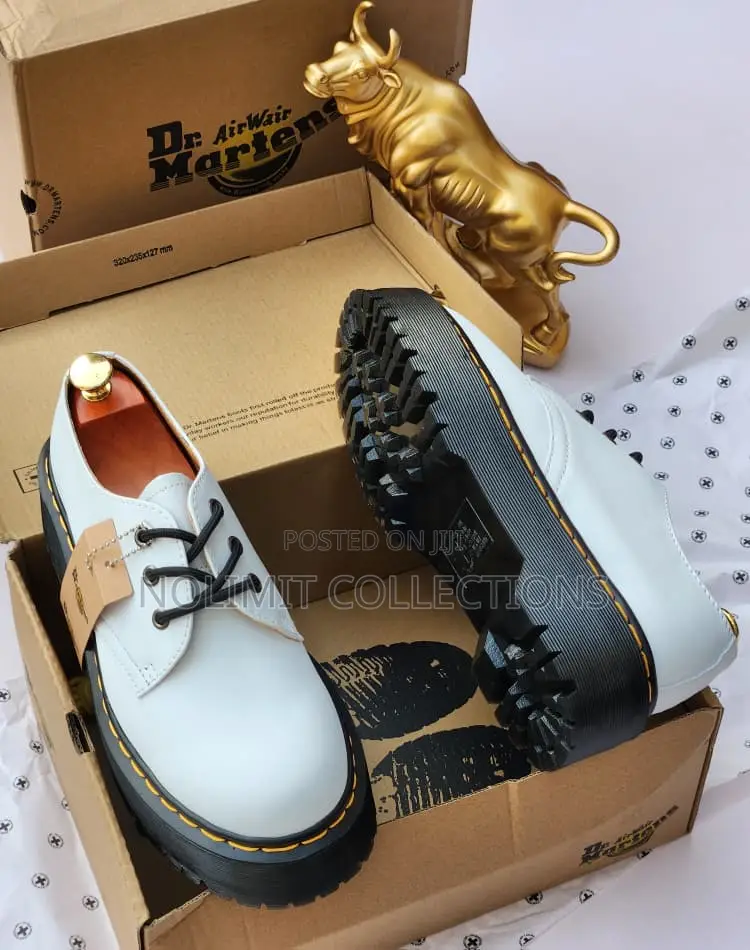 White Dr Martens Leather Shoes With Black Sole