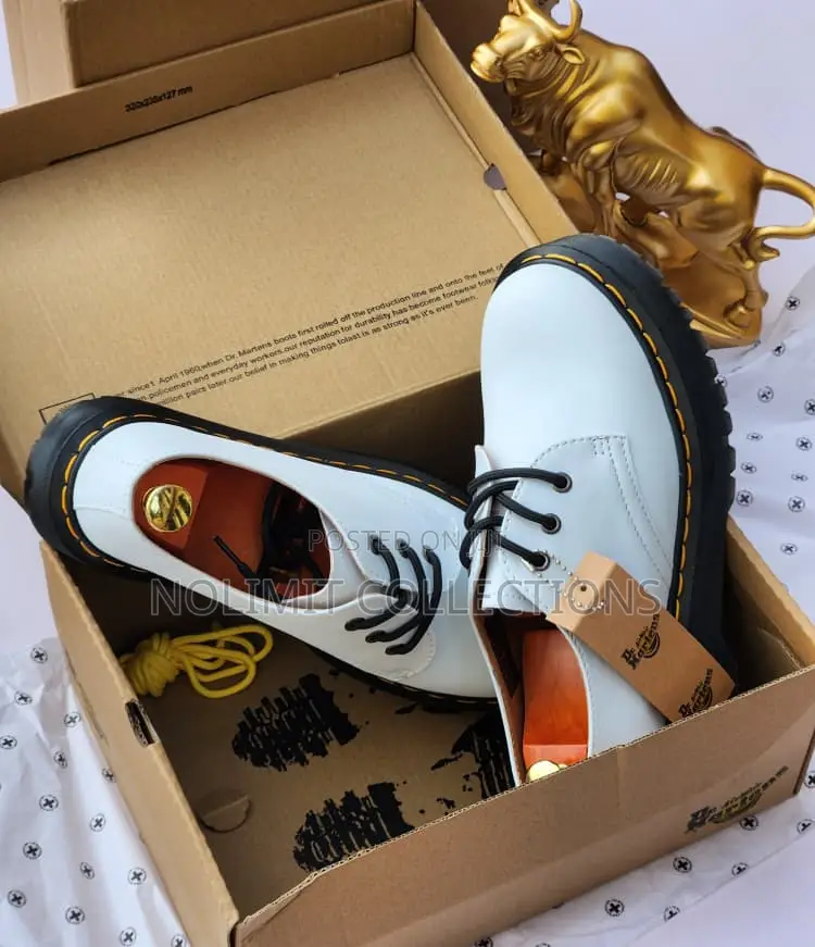 White Dr Martens Leather Shoes With Black Sole