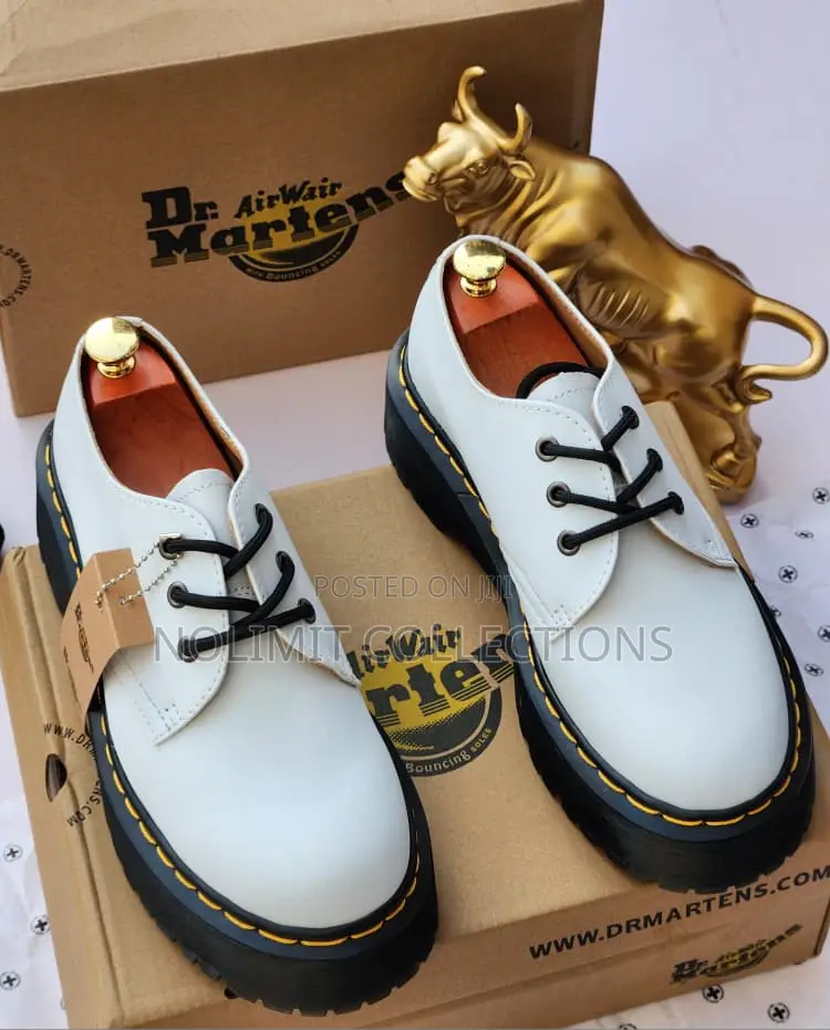 White Dr Martens Leather Shoes With Black Sole