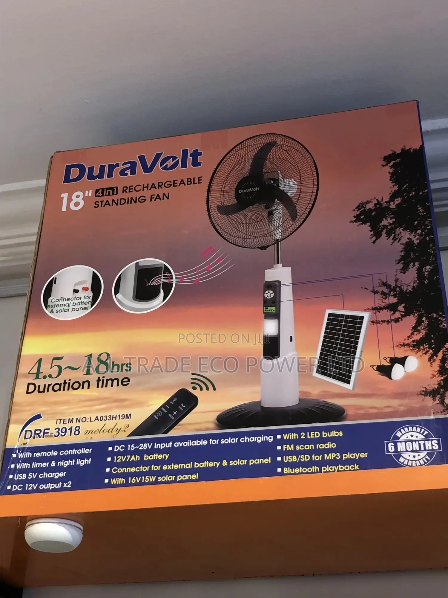 Duravolt 18inch 4-in-1 Rechargeable Fan With Inbuilt Bluetooth Speaker