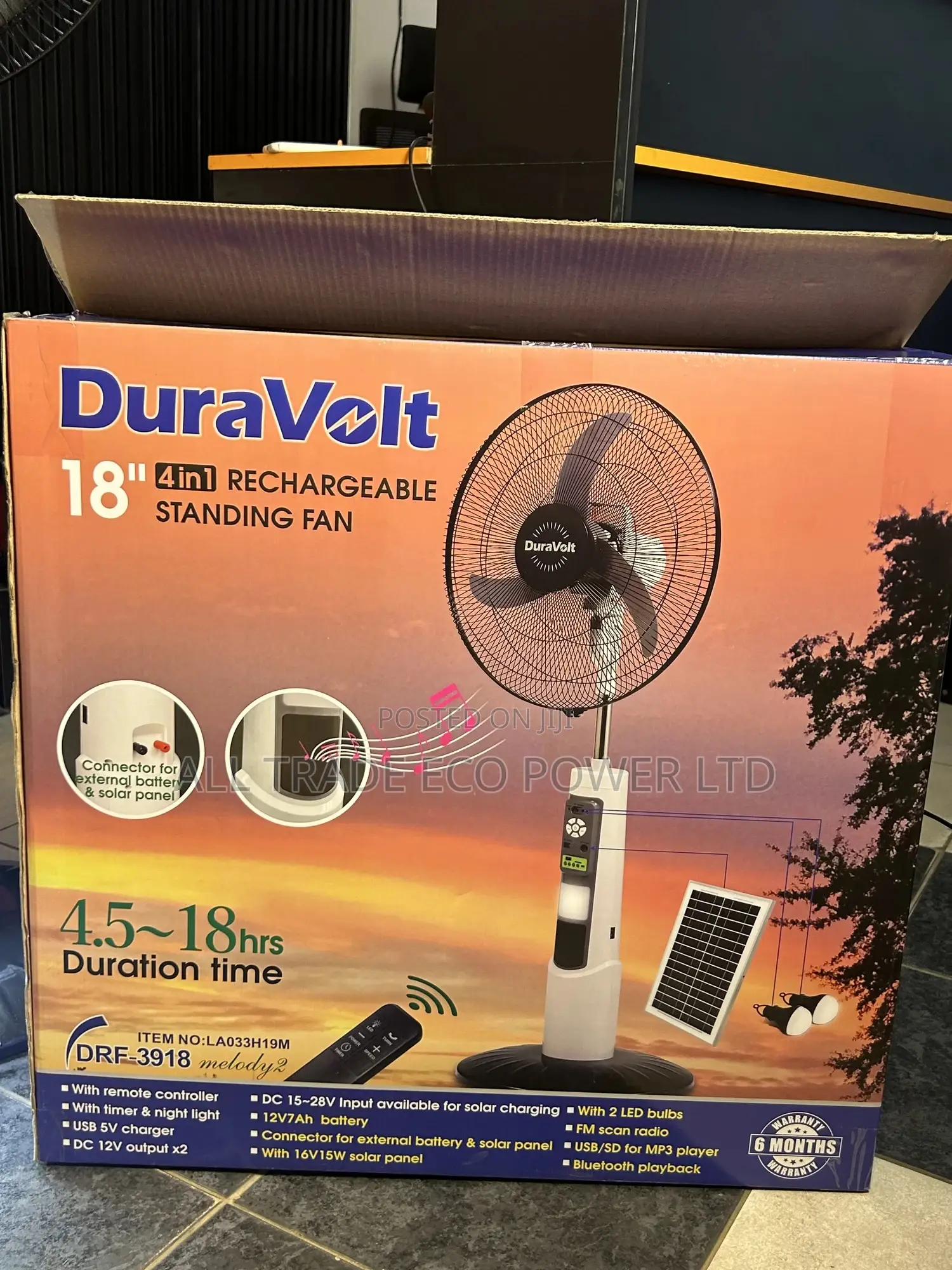 Duravolt 18inch 4-in-1 Rechargeable Fan With Inbuilt Bluetooth Speaker