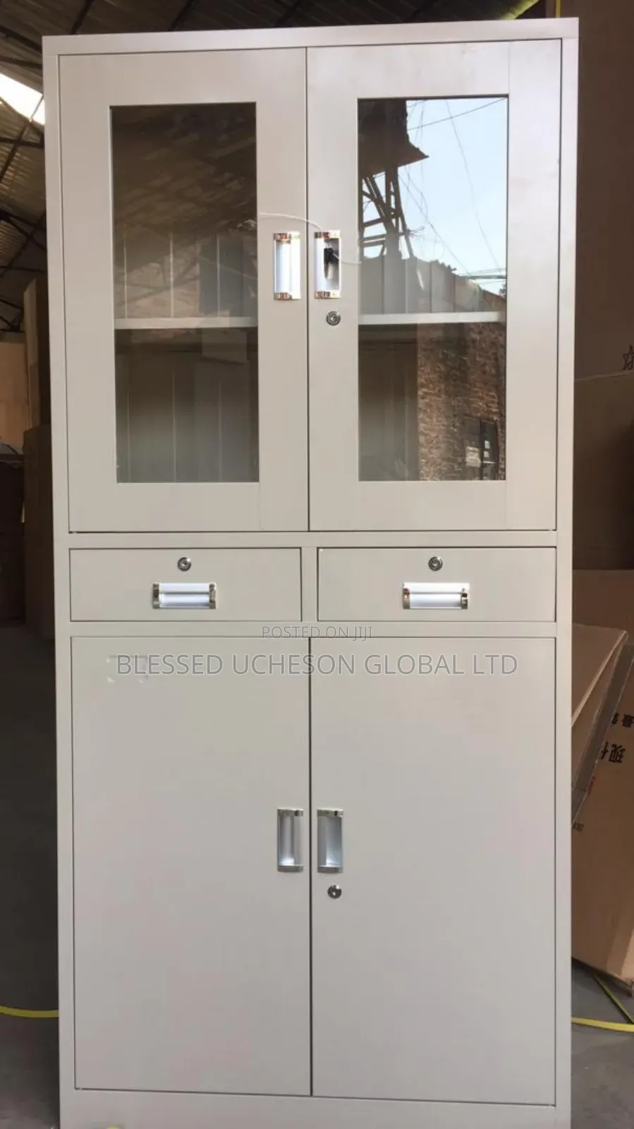 Half Glass Half Metal Bookshelf With Two Drawers