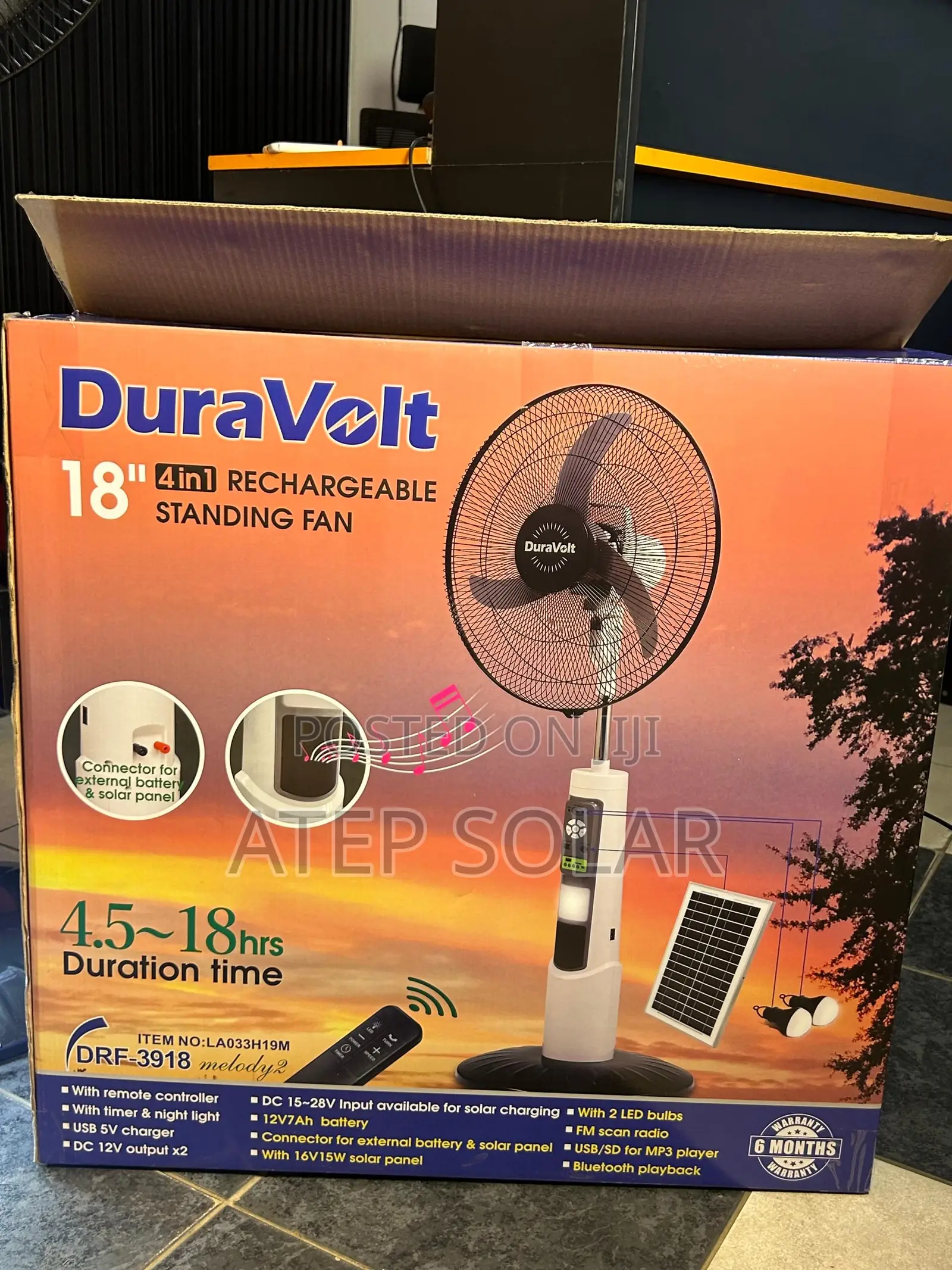Duravolt 18’’ 4-in-1 Fan Solar, Rechargeable, Bluetooth Speaker