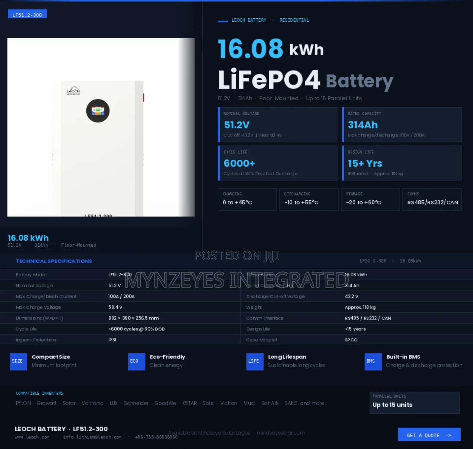 Leoch 16kwh 51.2v 300ah Lithium Battery (Lifepo4) Nigeria
