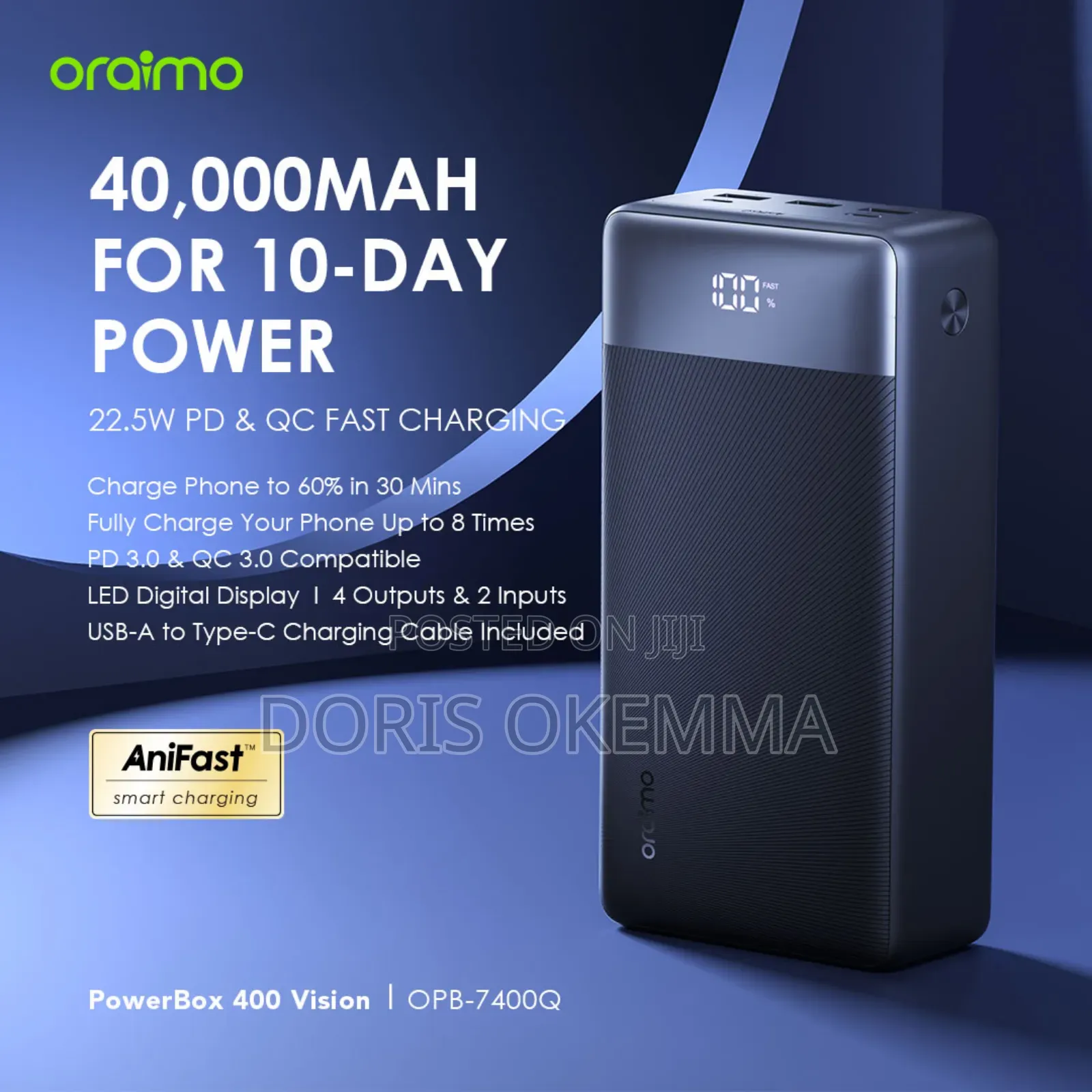 Oraimo Powerbox 400 (P7400q) – 40,000mah 22.5w Fast Charge Power Bank