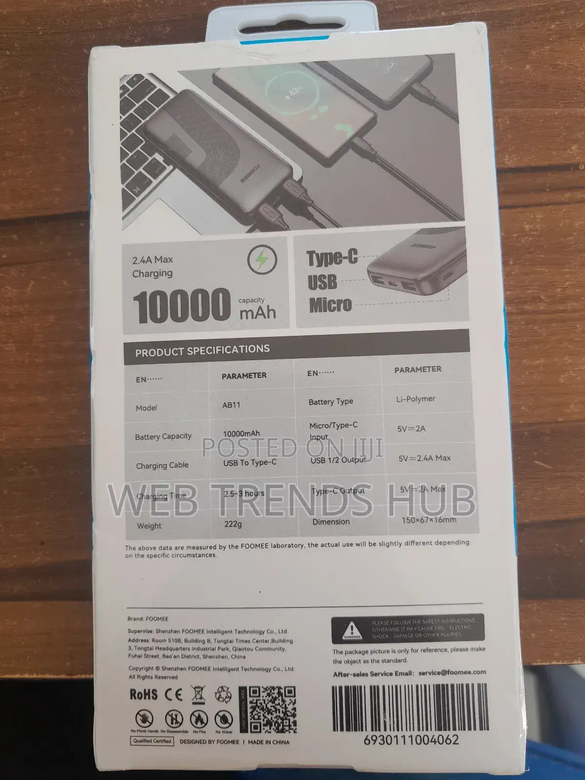 Foomee 10,000mah Slim Power Bank (Ab11) - Type-C Two-Way Fast Charging