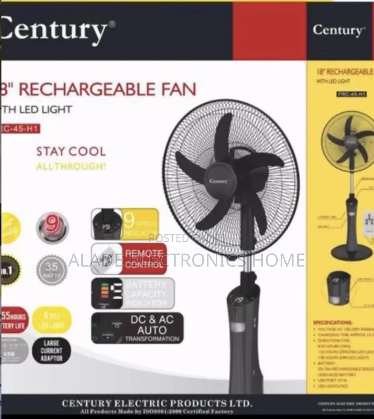 18” Century Rechargeable Mist Fan 3yrs Company Waranty