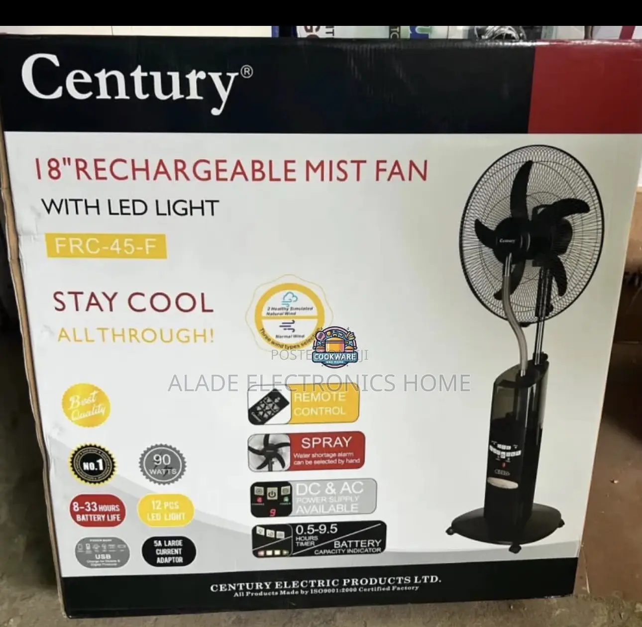 18” Century Rechargeable Mist Fan 3yrs Company Waranty