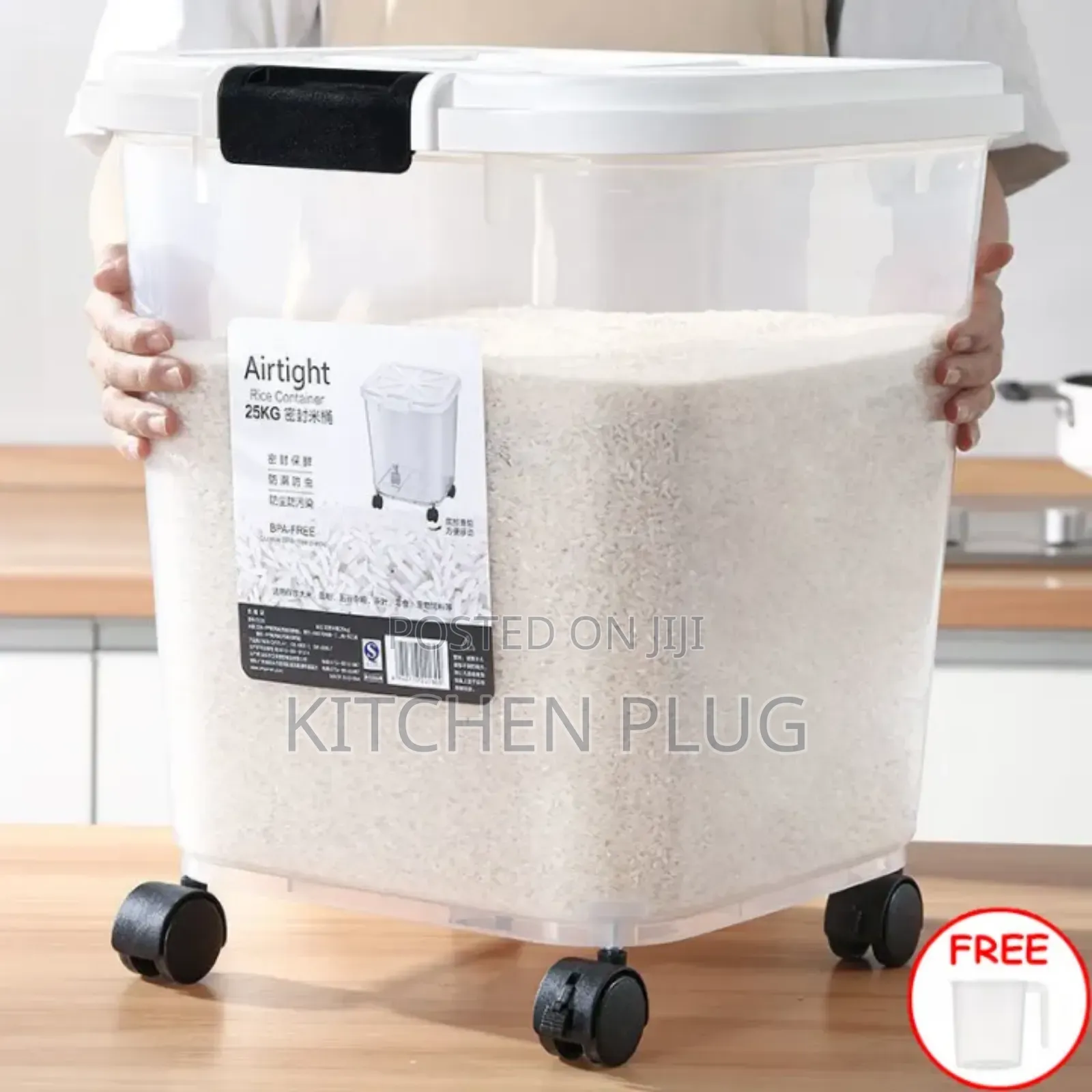 25kg Rice Storage Bin With Wheels And Measuring Cup