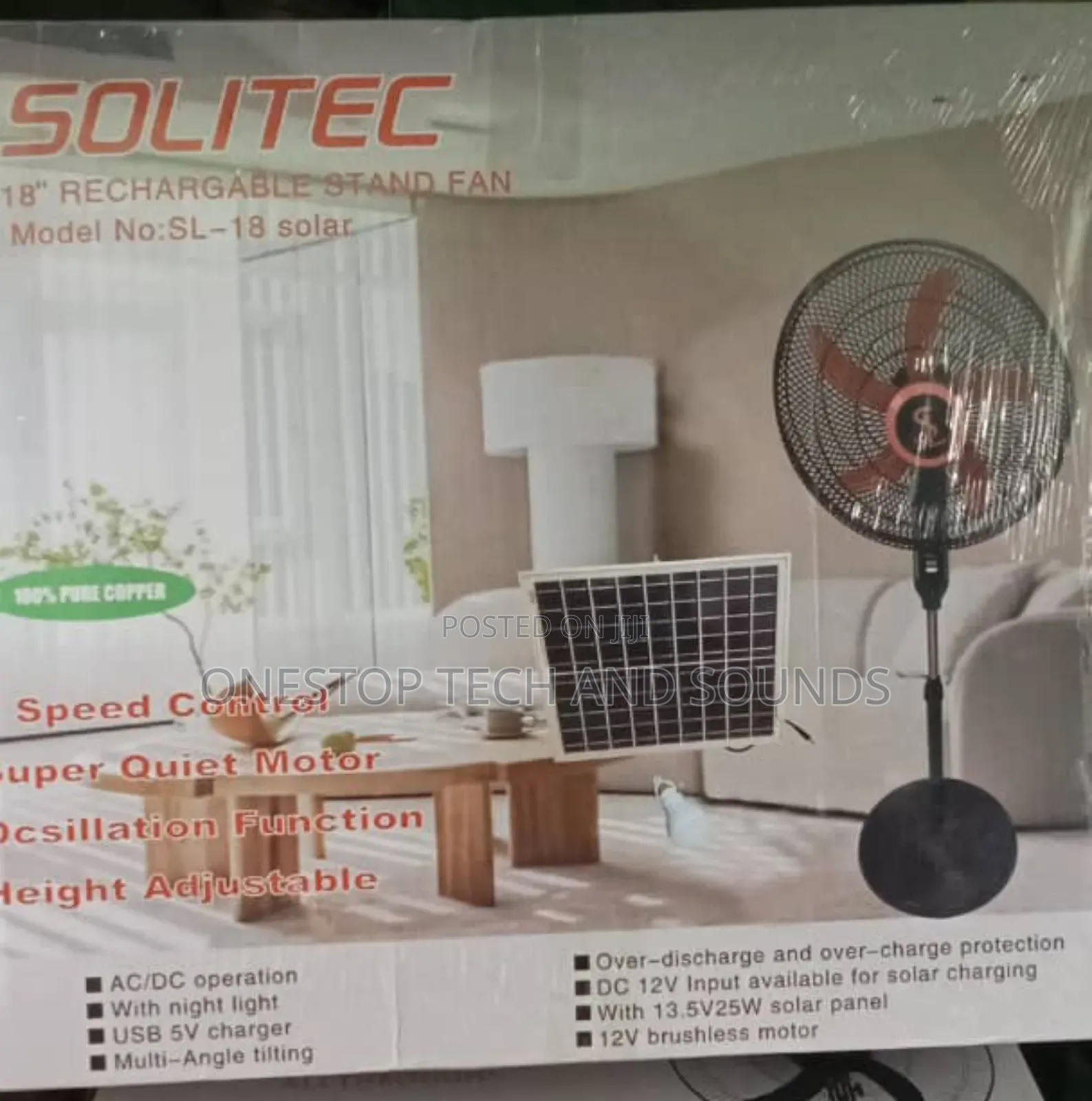 Solitec 18" Rechargeable Solar Stand Fan - Dual Charging Usb Port