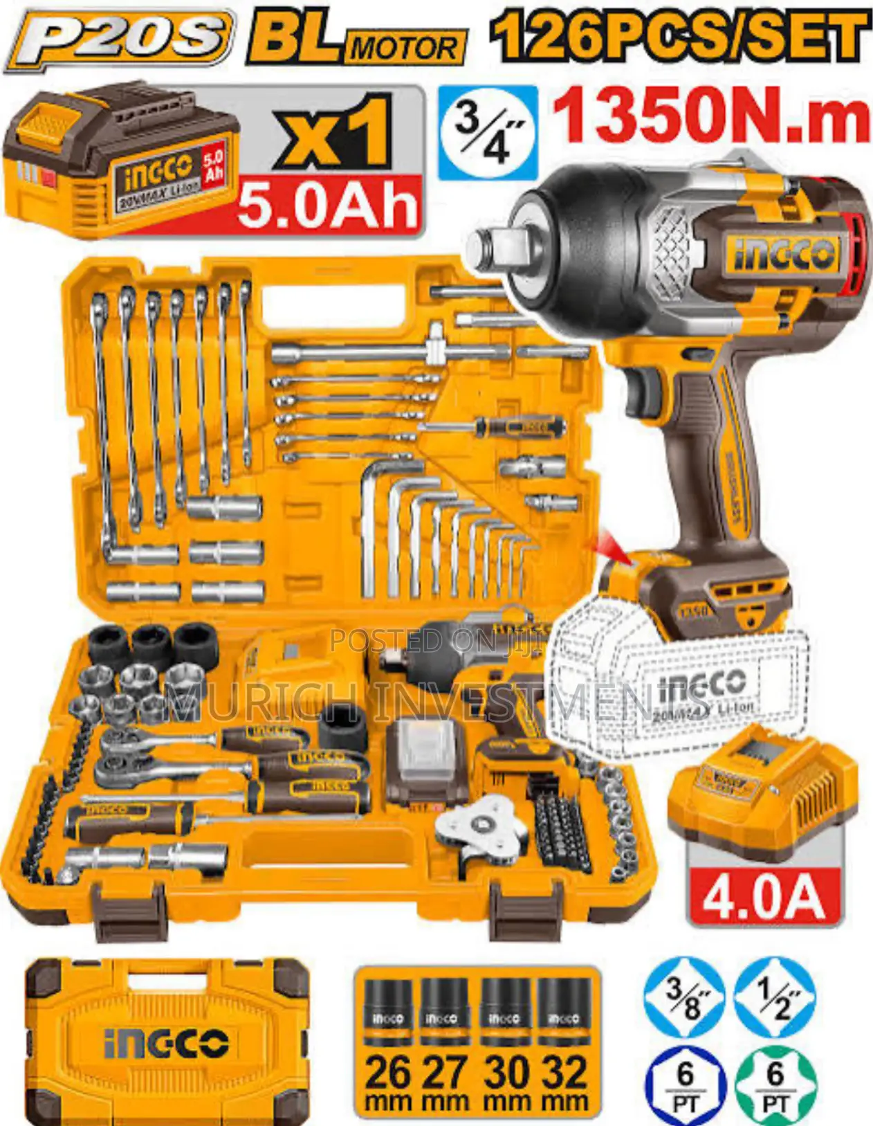 Ingci Hkthp31261 - 126 Pcs Cordless Impact Wrench Tools Set