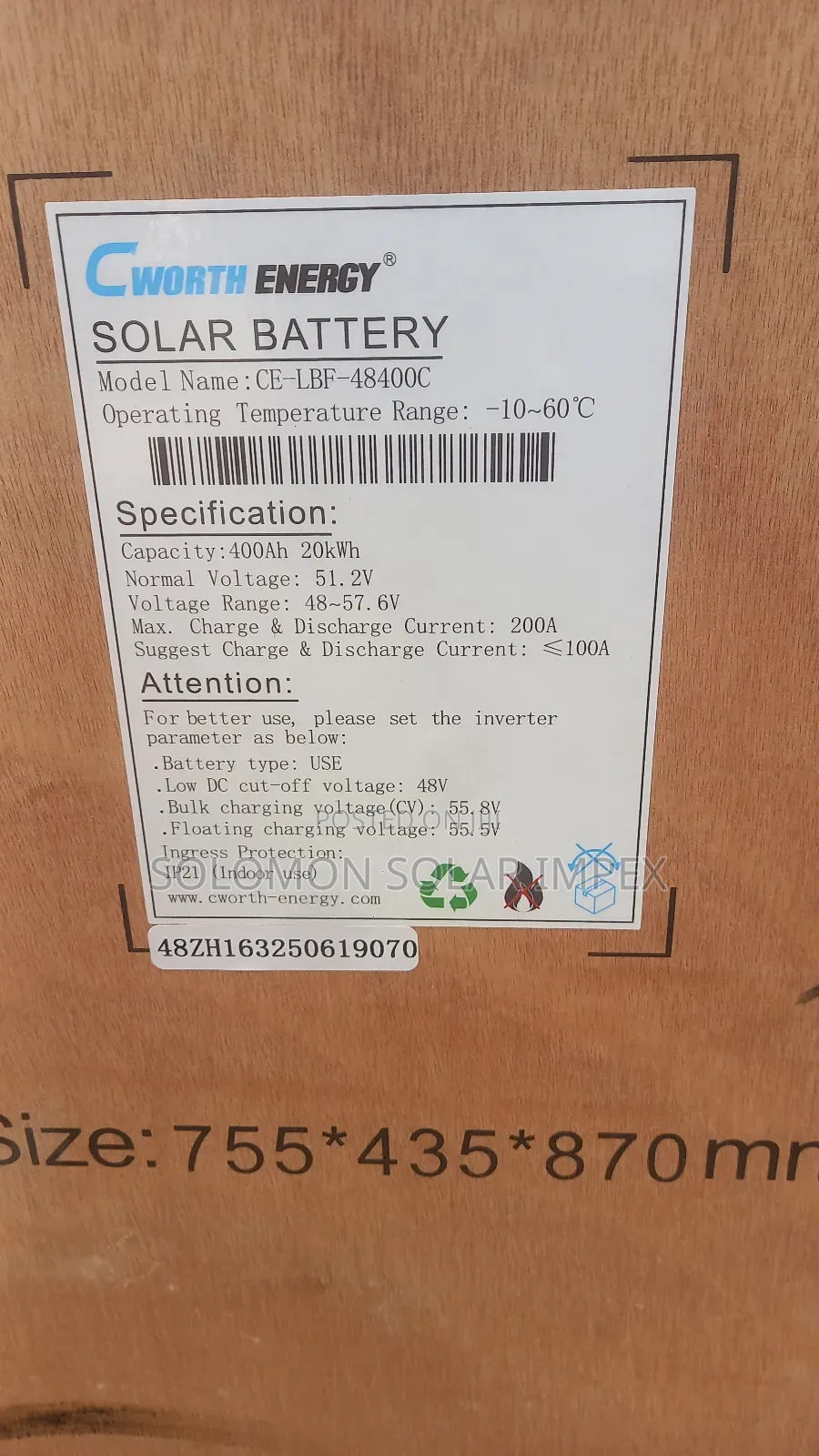 Cworth Energy Solar Lithium Battery 20kwh 400a