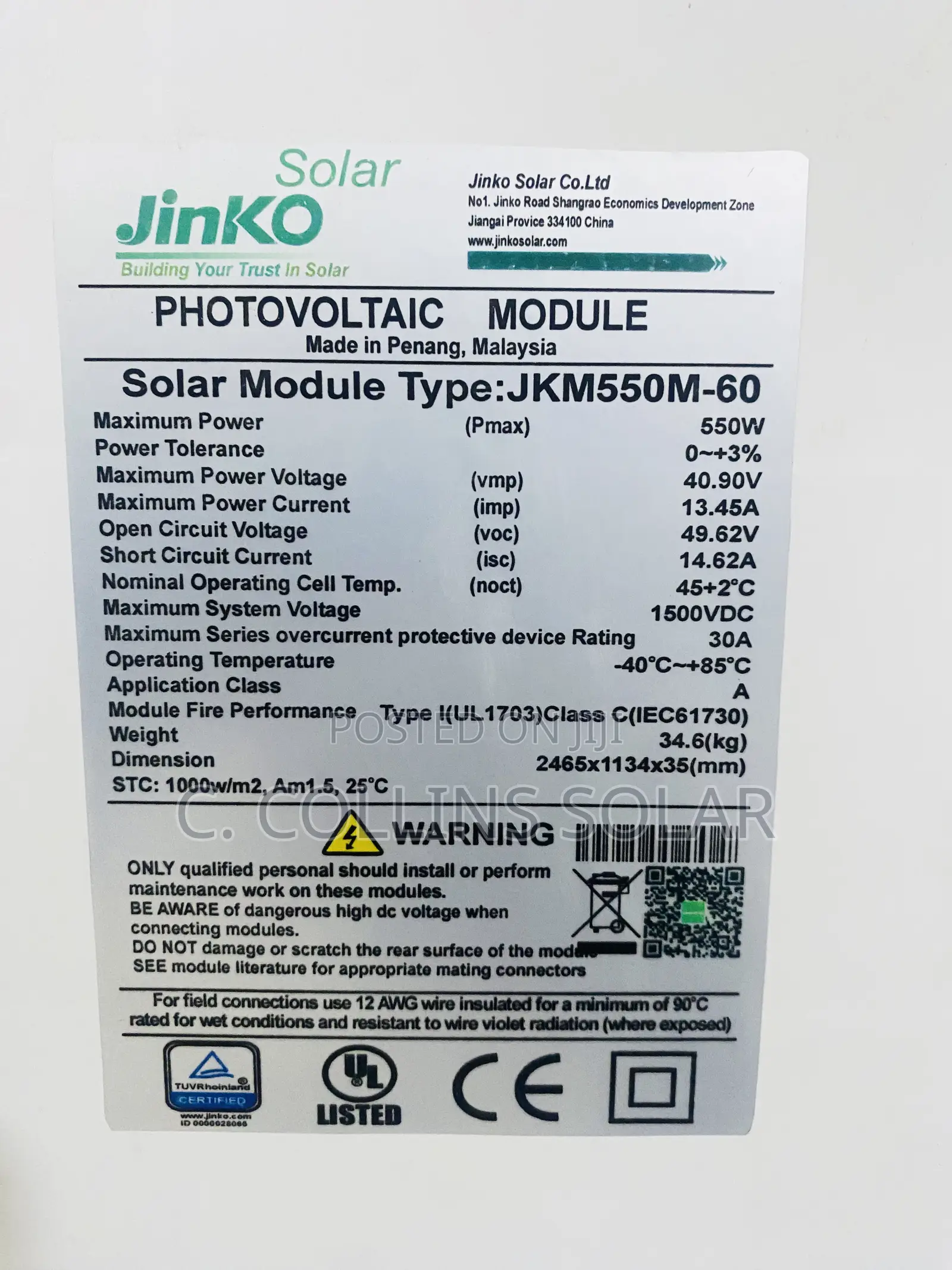 550w Jinko Solar Panel