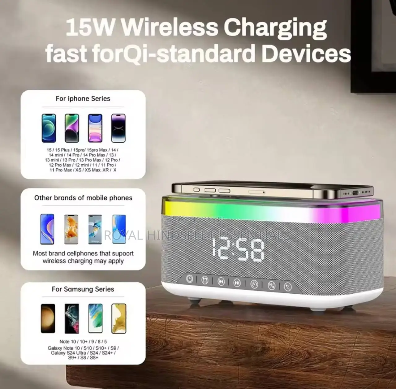 6-in-1bluetooth Speaker 60w Wireless Charger Bedhead Night Light Alar