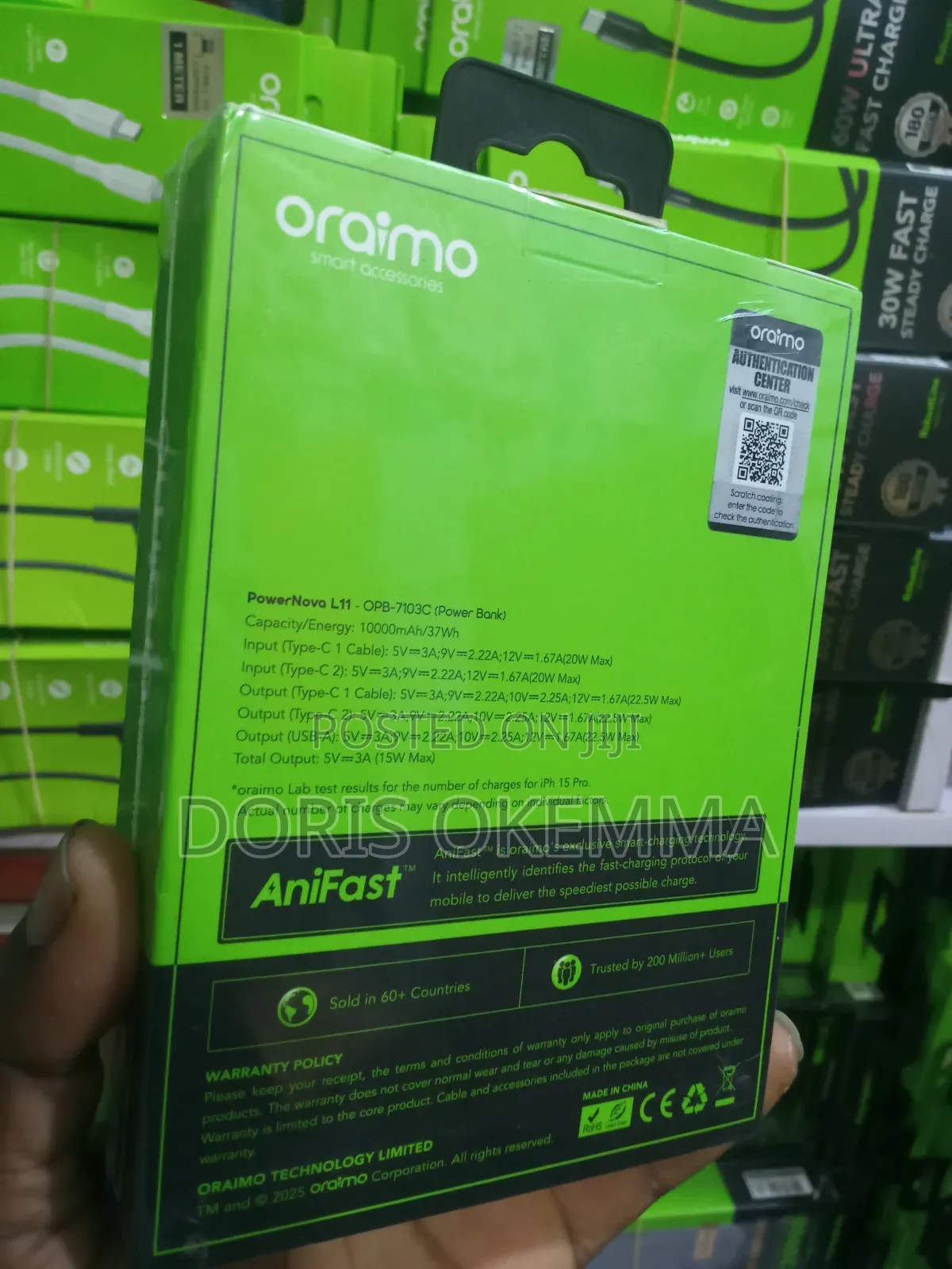 Oraimo Power Novol11 (10,000mah) Ultra-Slim With Built-in Type-C Cable