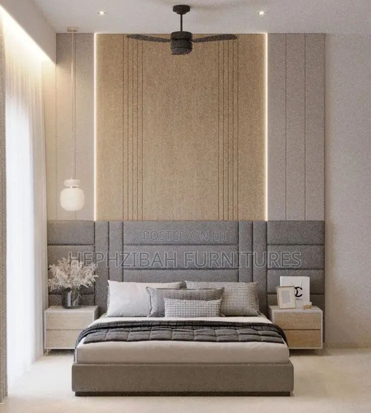 Grey Full Padded Bedframe With 2 Bedside Drawers