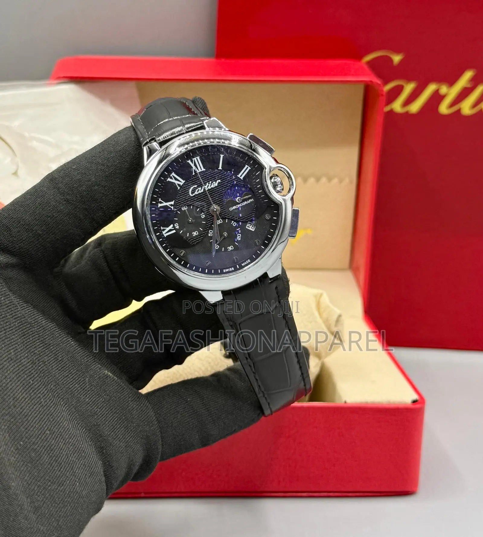 Spherical Cartier Chronographic Leather Wristwatch