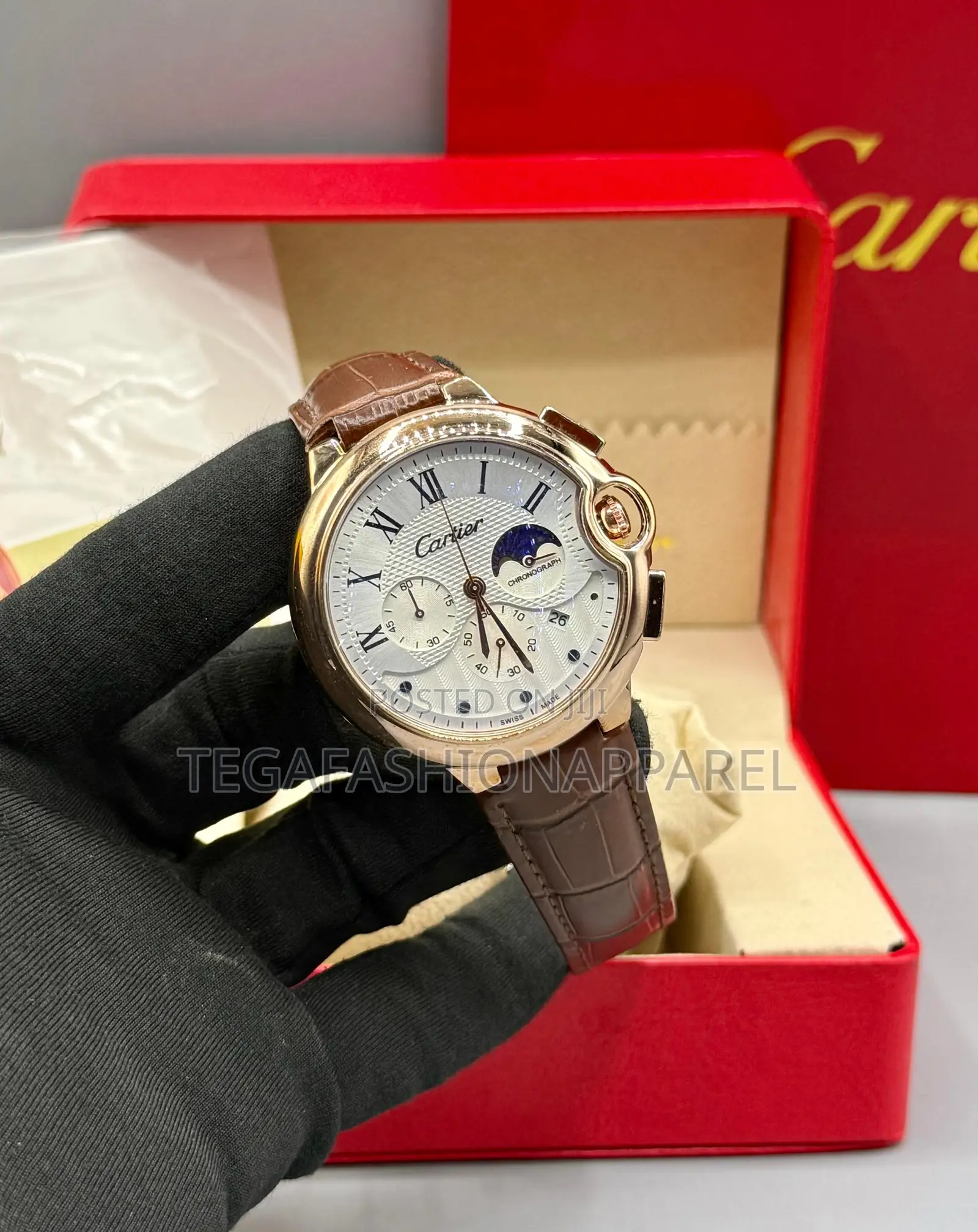 Spherical Cartier Chronographic Leather Wristwatch