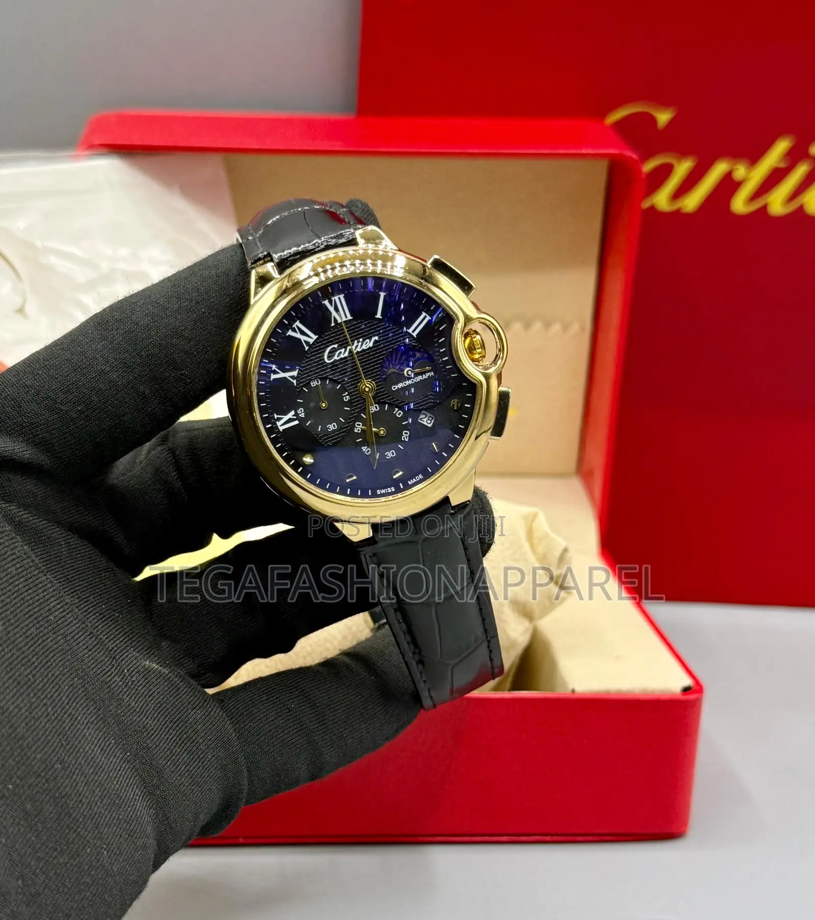 Spherical Cartier Chronographic Leather Wristwatch