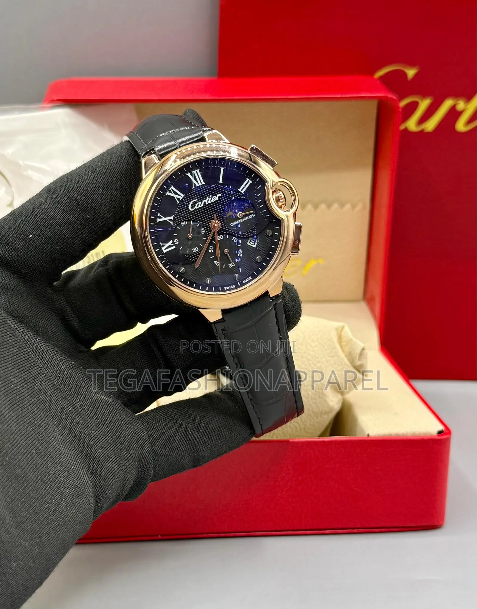 Spherical Cartier Chronographic Leather Wristwatch