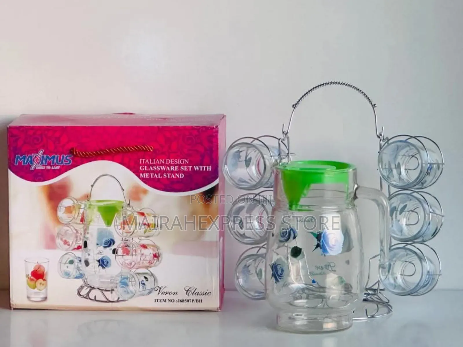 Blossom 7pcs Glassware Set With Decorated Metal Stand