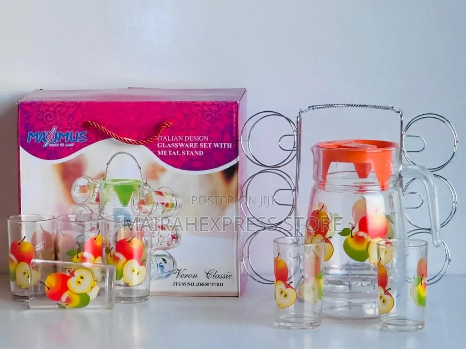 Blossom 7pcs Glassware Set With Decorated Metal Stand