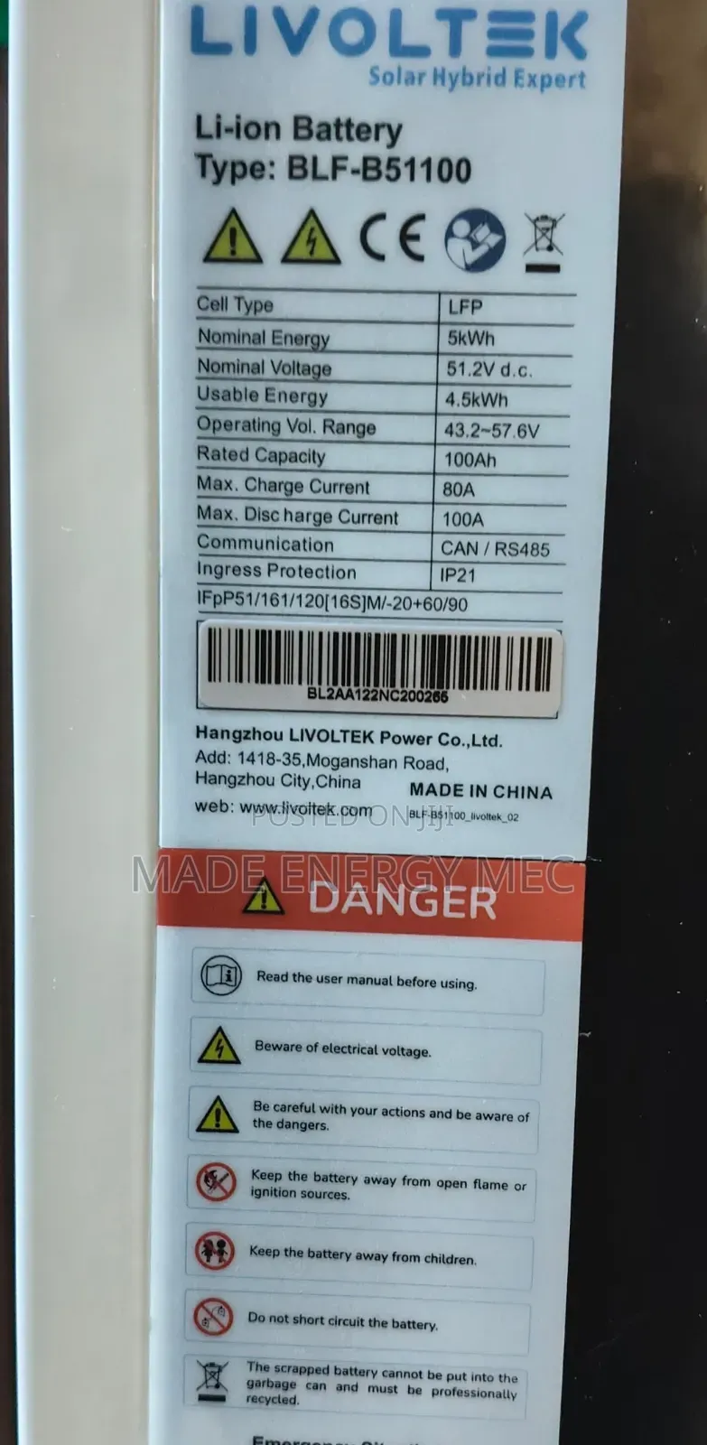 5kwh 51.2v(48v) Livoltek Lithium Battery