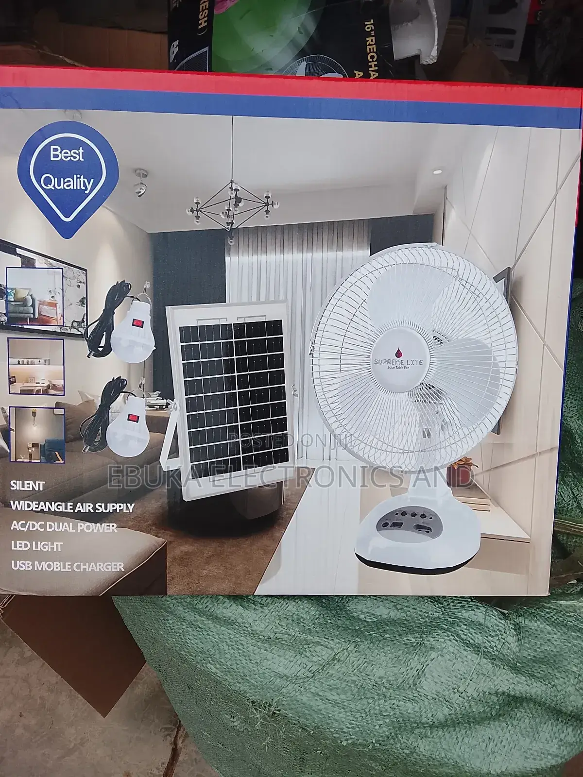 12 Inches Table Rechargeable Fan With Solar Panels and 2 Bulbs