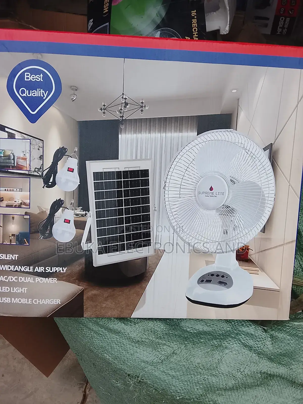 12 Inches Table Rechargeable Fan With Solar Panels and 2 Bulbs